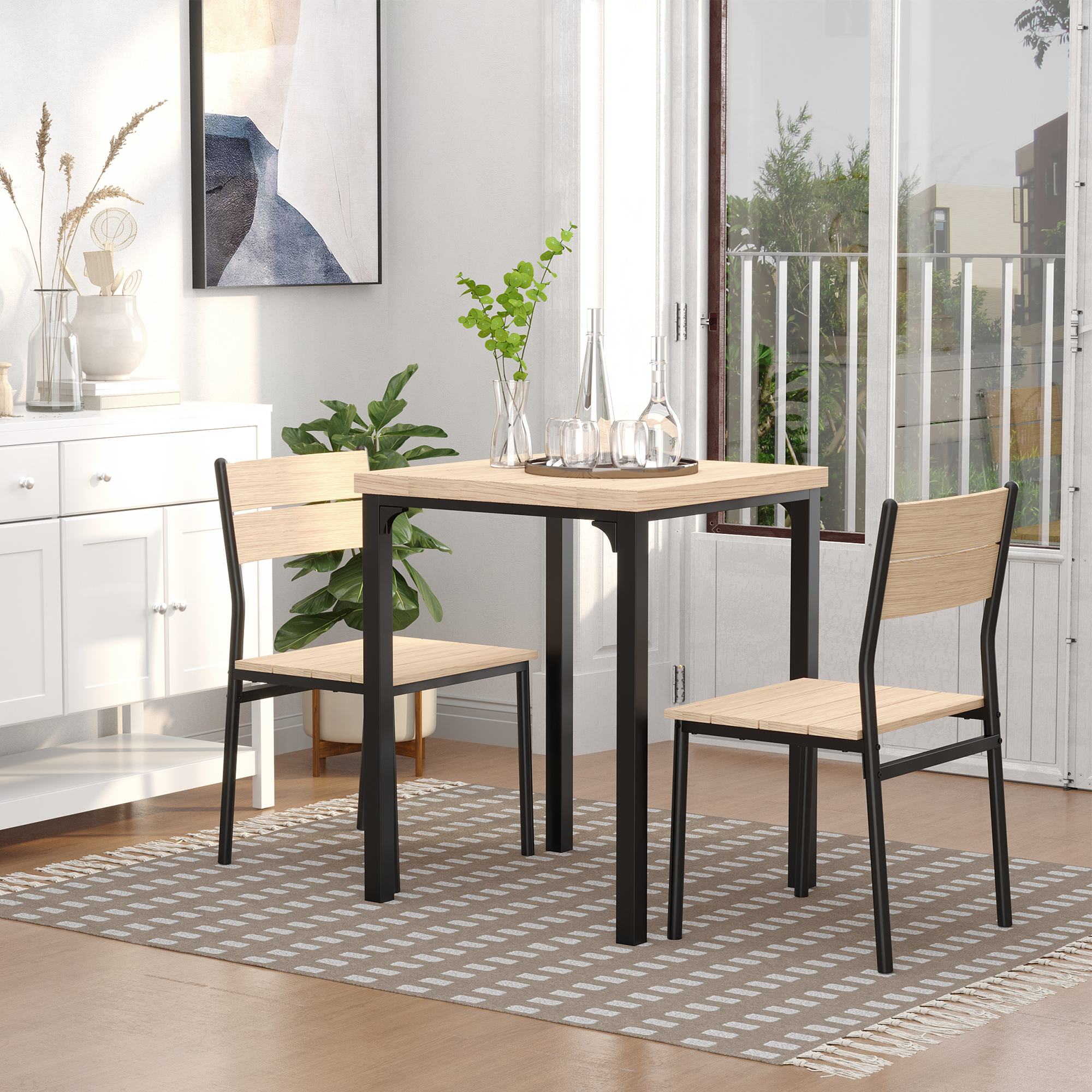 3-teilige Esstisch Küchentisch mit Stühlen Set Naturholzmaserung + Schwarz mit 1 Tisch + 2 Stühlen
