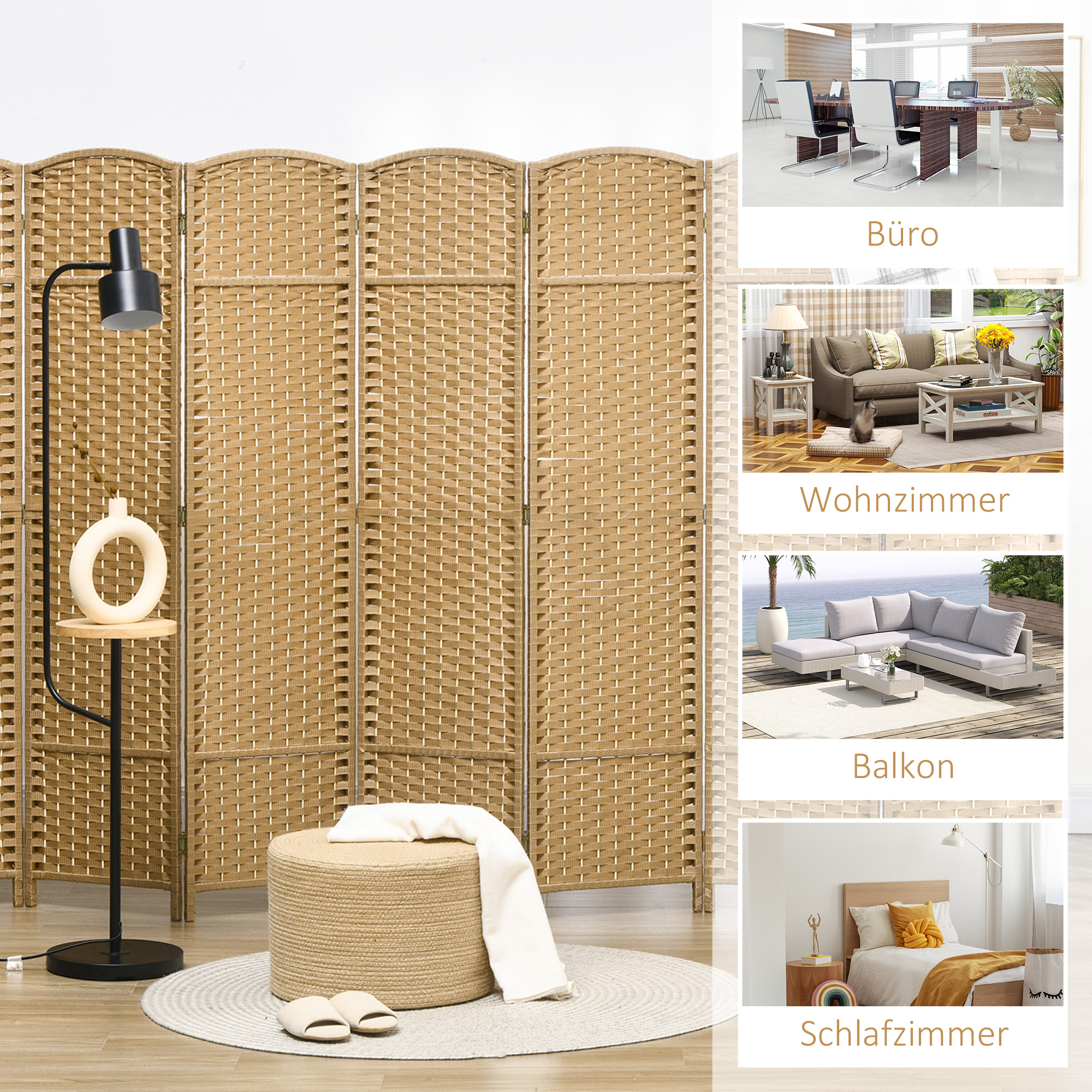 8-teiliger Raumtrenner, Faltbarer Sichtschutz, Sichtschutzwand für Wohnzimmer, Schlafzimmer, Homeoffice, Natur