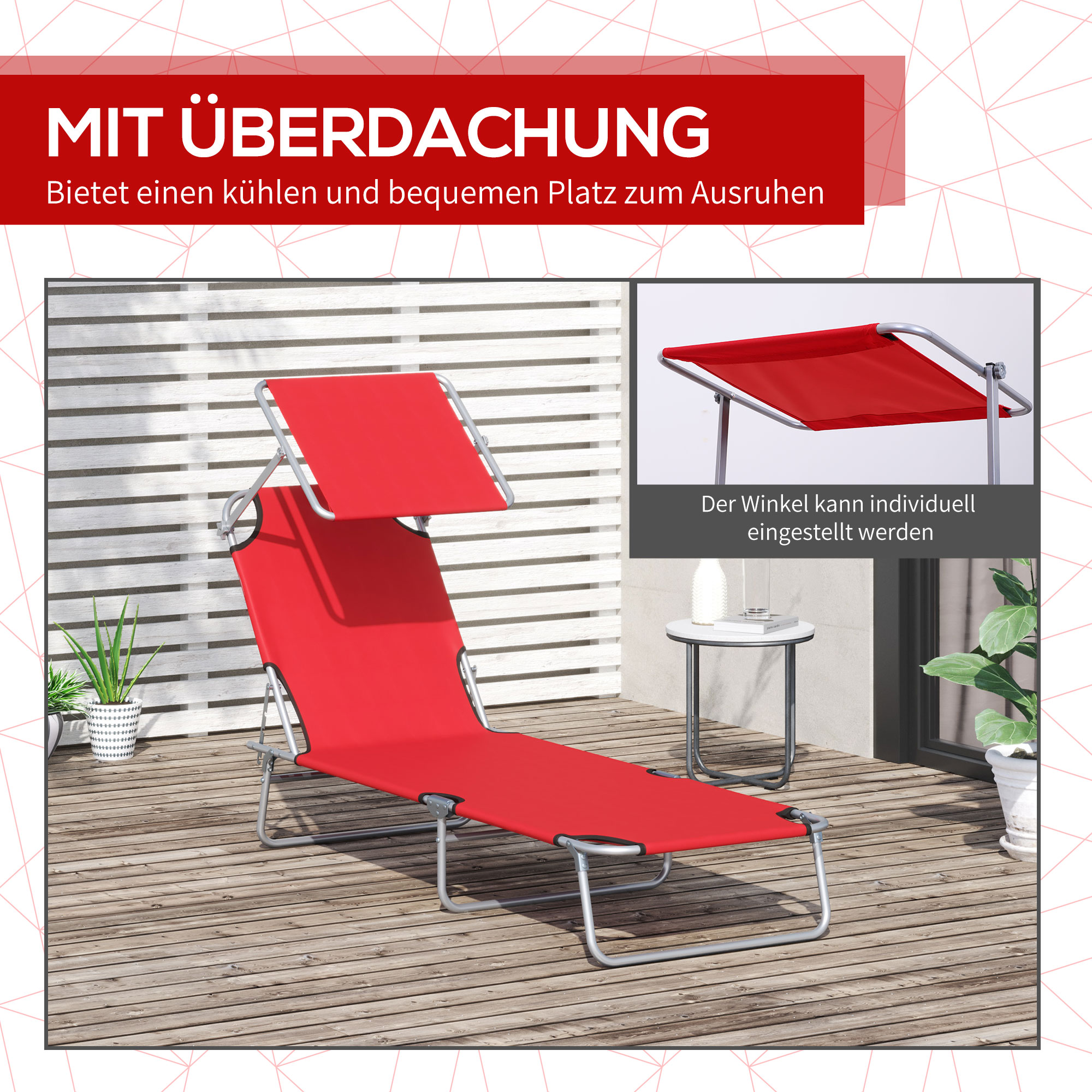 Sonnenliege klappbar Gartenliege mit Dach, Liegestuhl mit 4-Fach verstellbare Rückenlehne, wetterfeste Campingliege bis 120 kg belastbar, für Garten Strand Pool, Rot