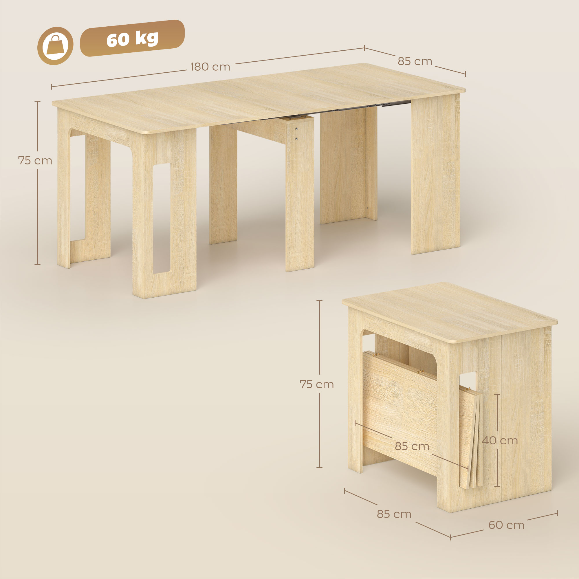 Esstisch, Klapptisch, ausziehbarer Küchentisch, Esszimmertisch, Spanplatten, 60-180 x 85 x 75 cm, Natur