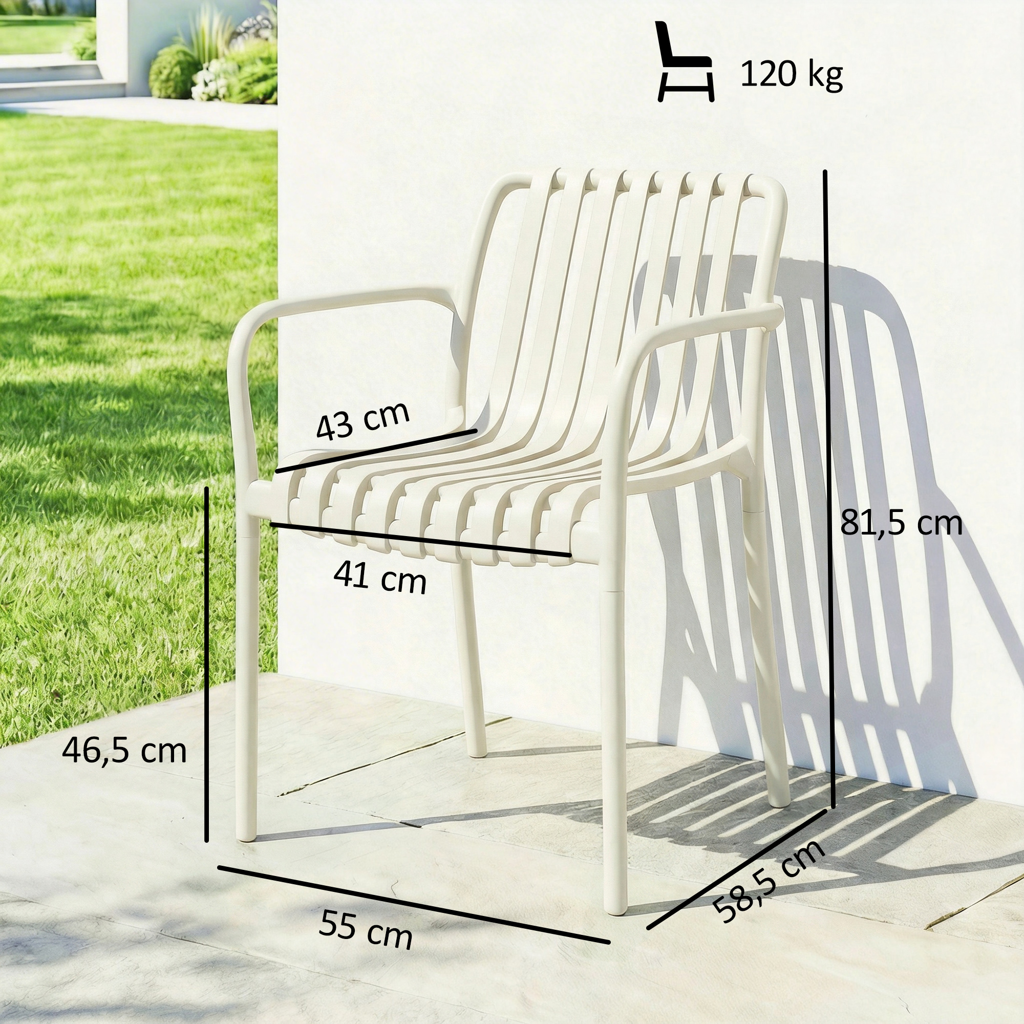 Gartenstühle 4er Set Stapelbare Terrassenstühle mit Lamelldesign Armlehnen, Ergonomisch Cremeweiß
