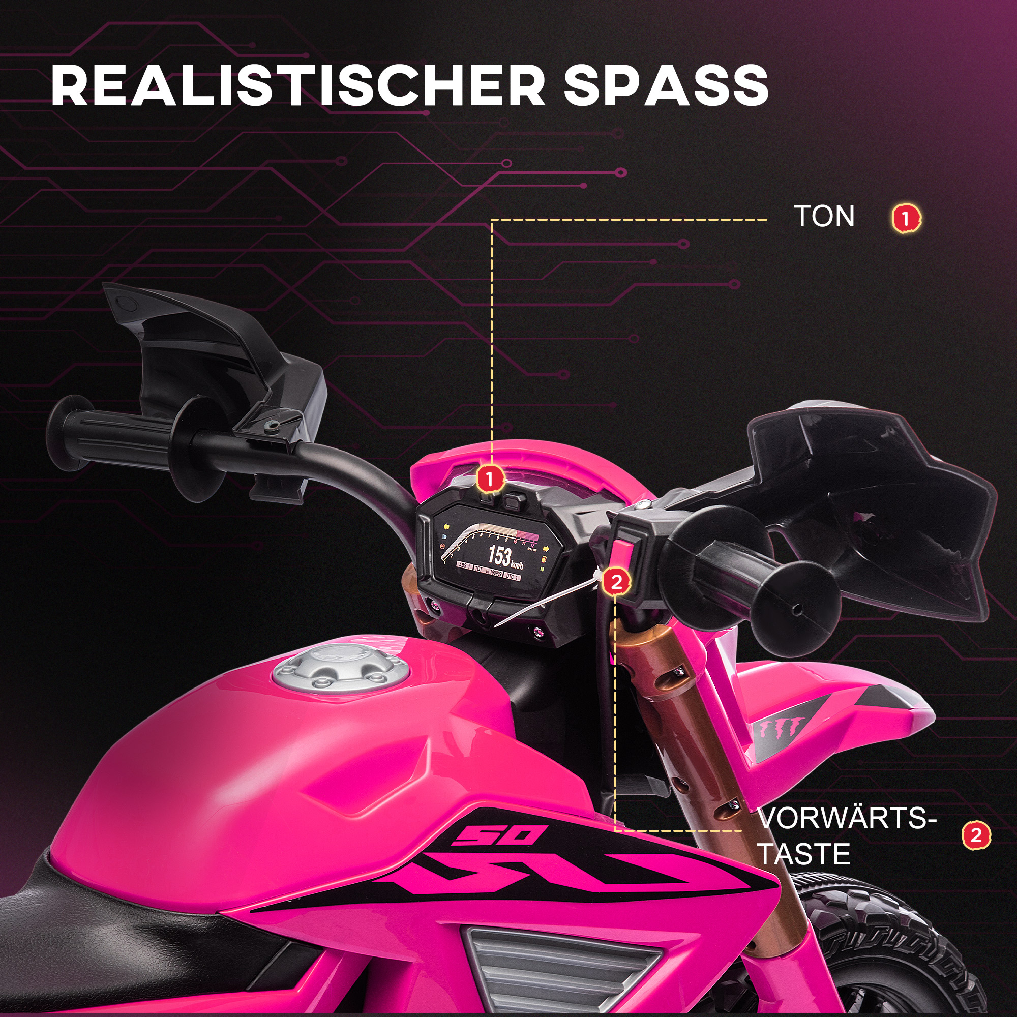 Elektro-Motorrad für Kinder, 12V Kindermotorrad mit Stützrädern, Kinderfahrzeug mit Hupe und Startgeräusch, 3 km/h, Rosa