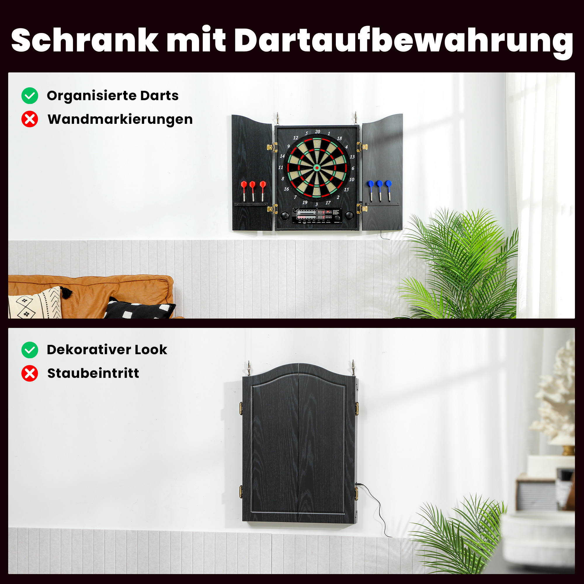 Elektronische Dartscheibe E Dartboard mit Türen Holzoptik LED Anzeige Sprachansagen 6 Dartpfeile, 24 Ersatzspitzen