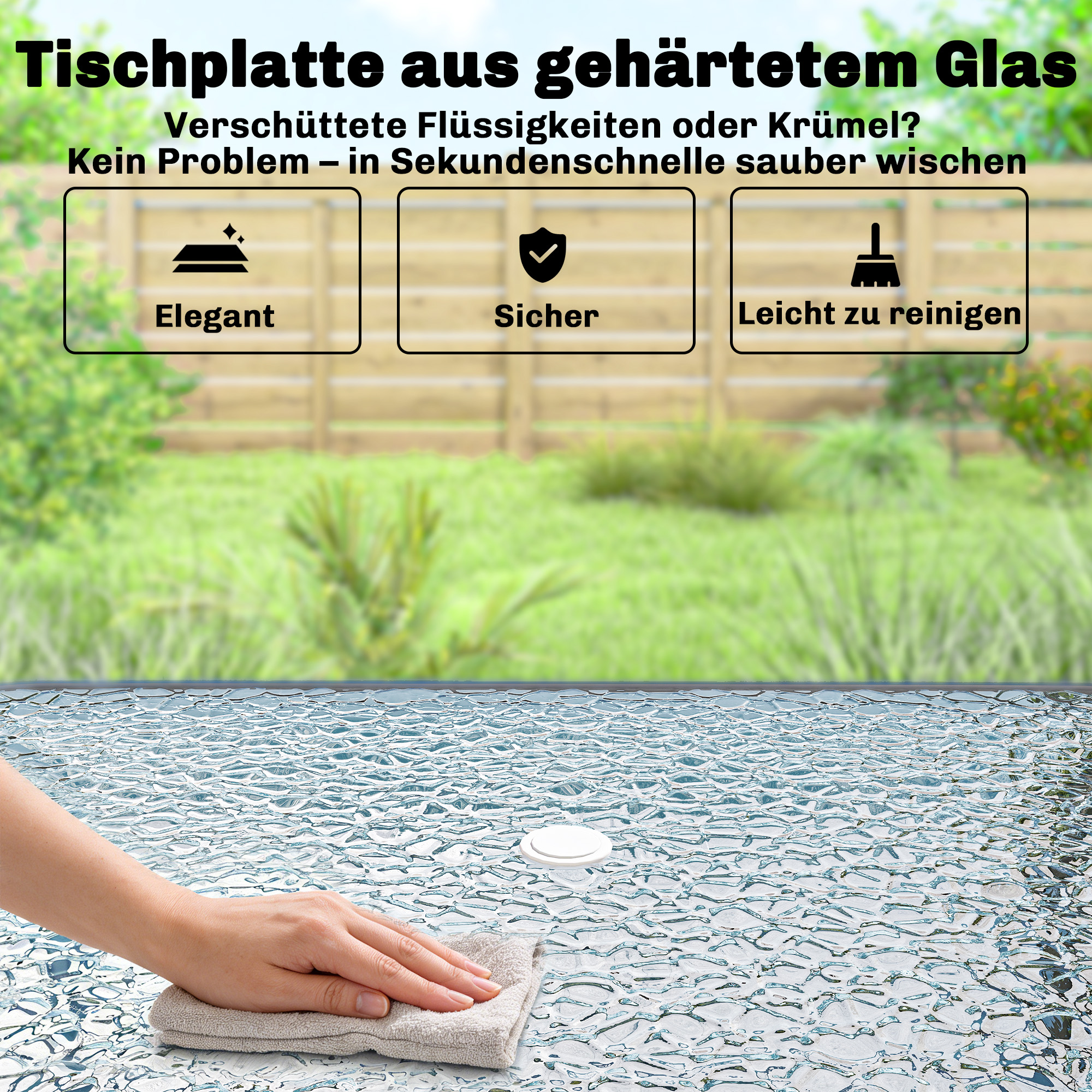 Gartenmöbel Set Sitzgruppe 119 x 68cm Glastisch mit 6 Klappstühlen Sonnenschirm Wasserwellenmuster Grau
