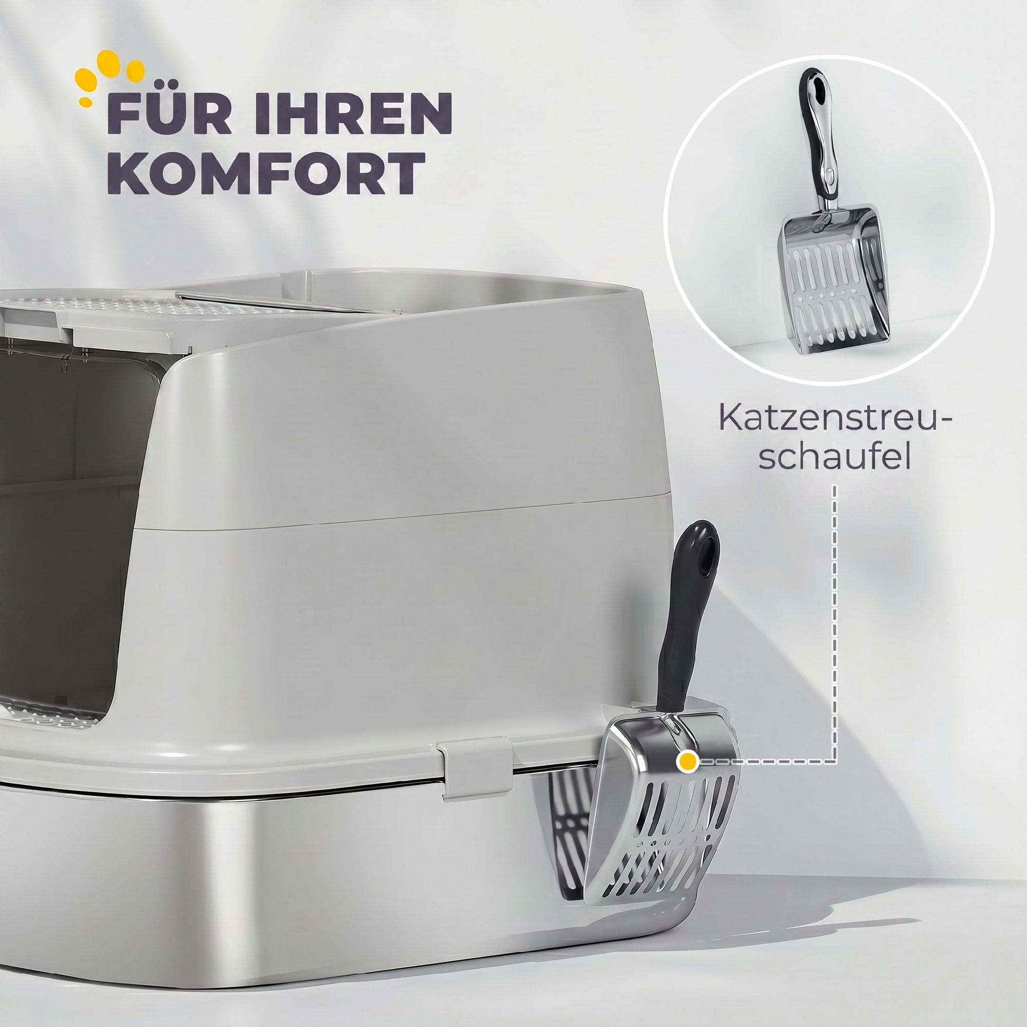 Katzentoilette Edelstahl, geschlossene Katzentoilette mit Schaufel, Geruchsbeutel, Einstieg Ausgang