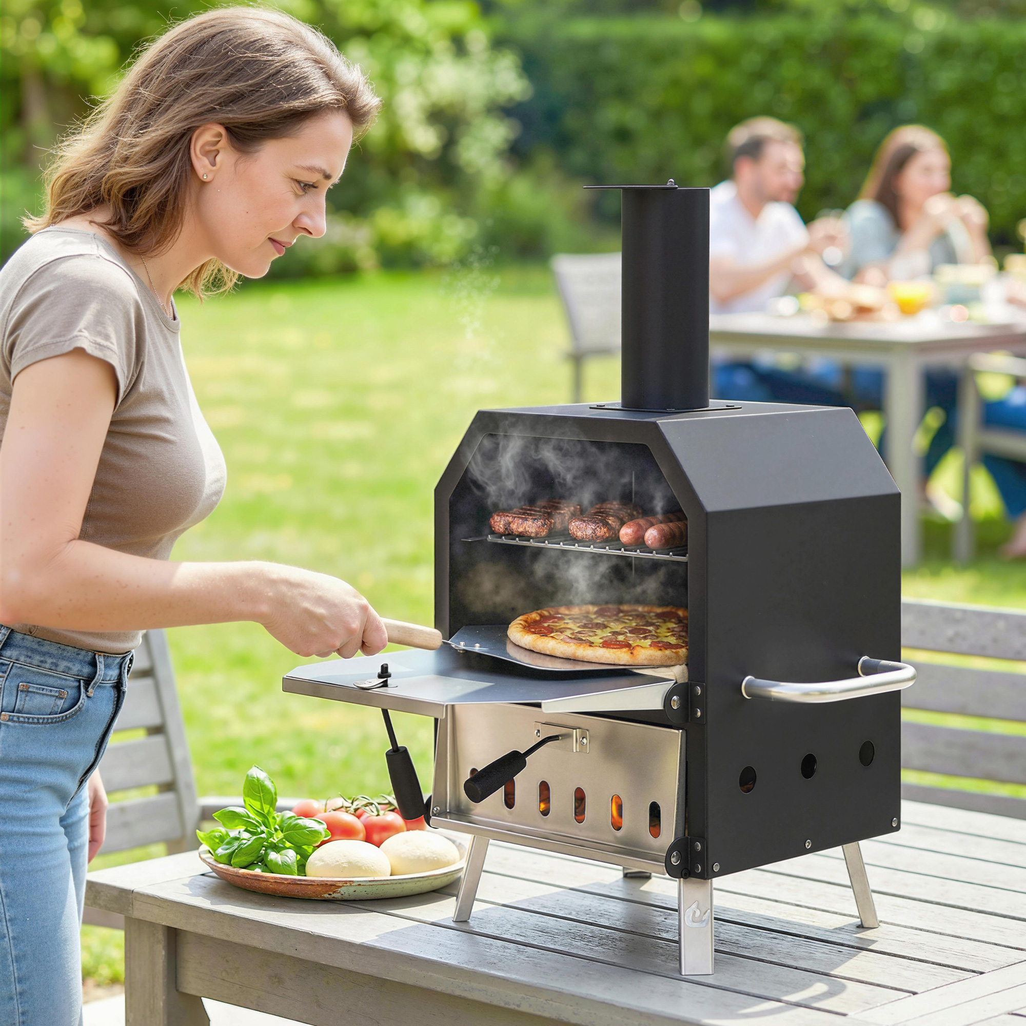 Outdoor-Pizzaofen, holzbefeuerter Pizza-Ofen Edelstahl, 2 Ebenen, Backofen mit Pizzastein