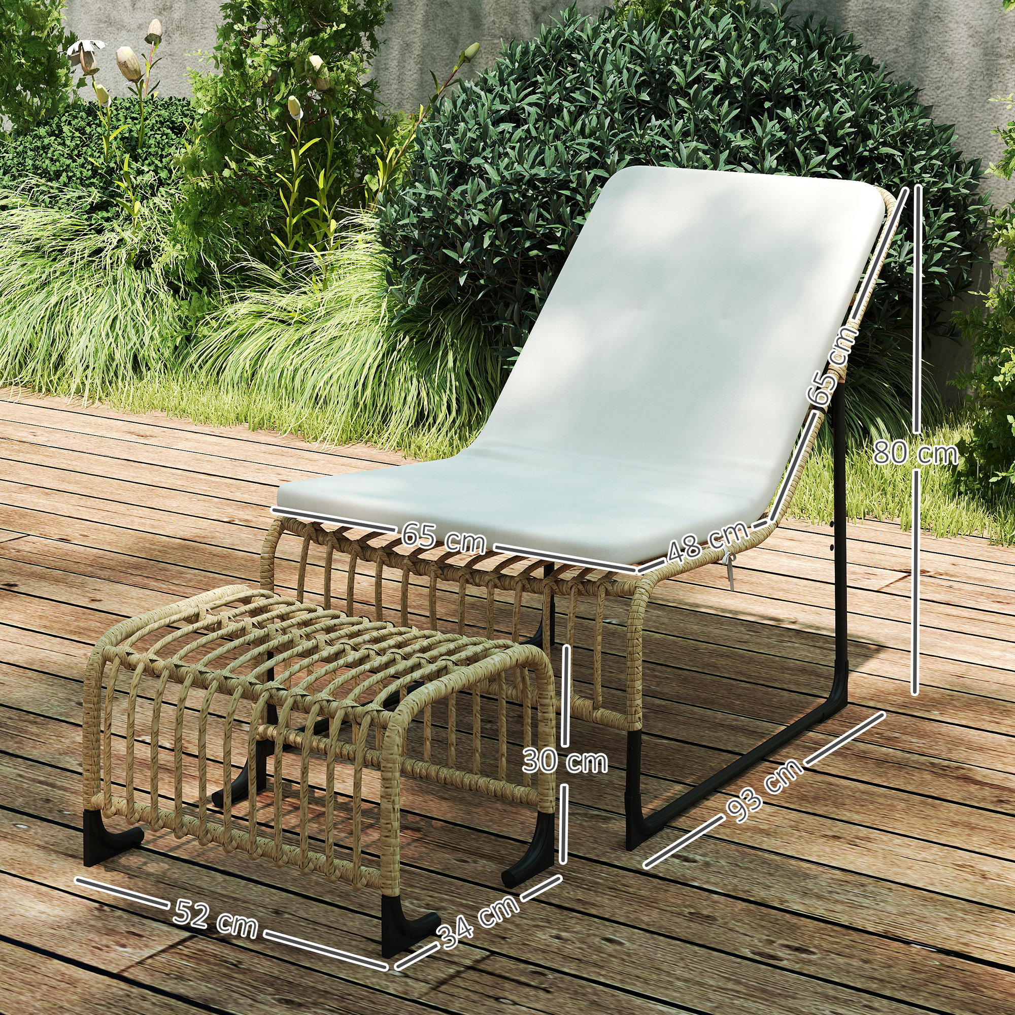 Rattan Relaxsessel mit Fußhocker UV-beständig Gartensessel mit Kissen Bänder 65 x 93 x 80 cm Naturholz