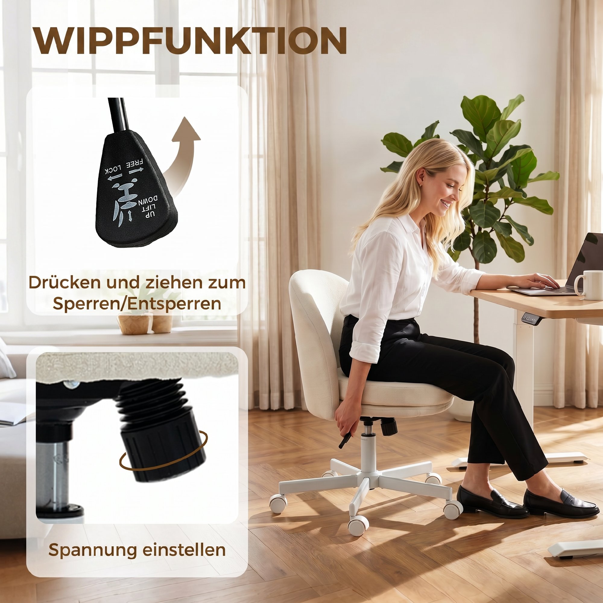 Homeoffice Stuhl Höhenverstellbar Schreibtischstuhl mit Chenille-Optik, Schminkstuhl mit Wippfunktion Creme