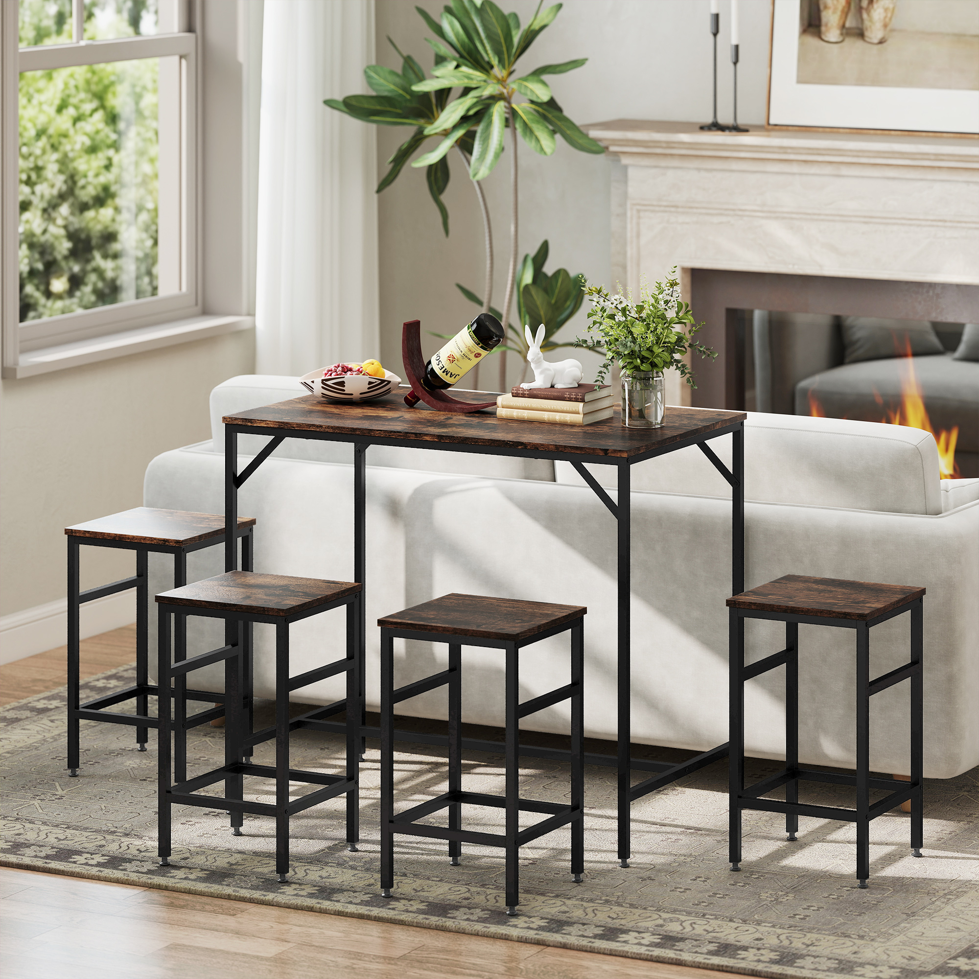 5-teiliges Bartisch Set Bartisch mit Barhocker-Set Esstisch mit 4 Stühlen Küchentisch für Esszimmer, Küche, Rustikal-Braun+Schwarz