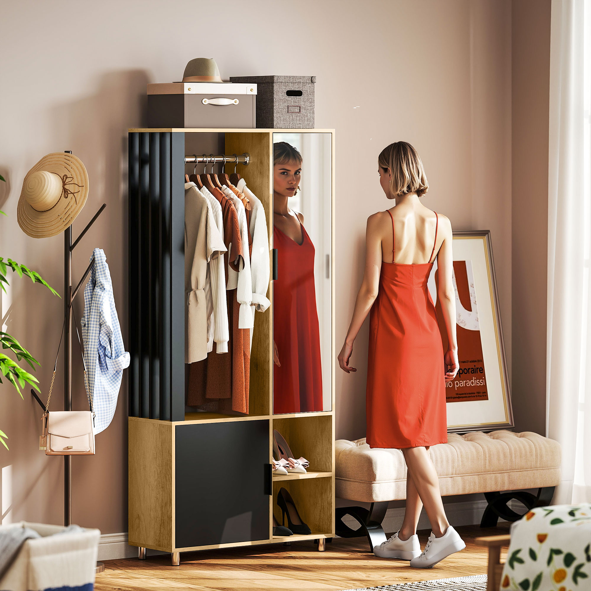 Kleiderschrank mit Spiegel und Hängestange, Aufbewahrungsfächer, offene Ablageflächen, Naturholz, Schwarz