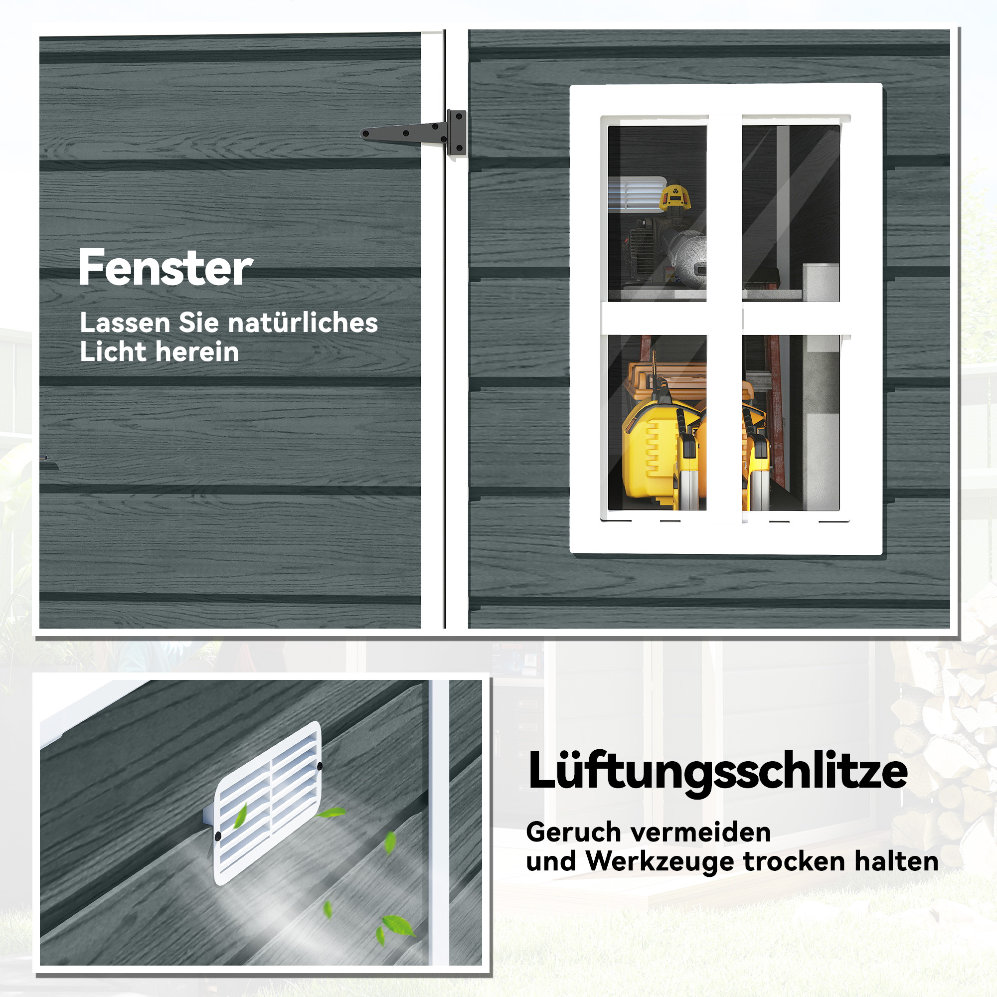 Gerätehaus 2,89 m² Geräteschuppen mit Holzoptik 3 Fenster Belüftung Boden Schloss Handschuhe 182 x 182 x 196 cm