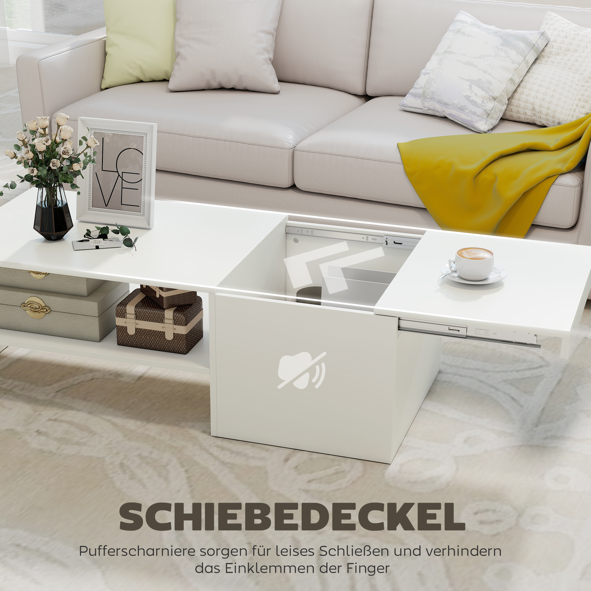 verstellbarer Couchtisch, Metallschienen, Spanplatte, Fußpads, Weiß