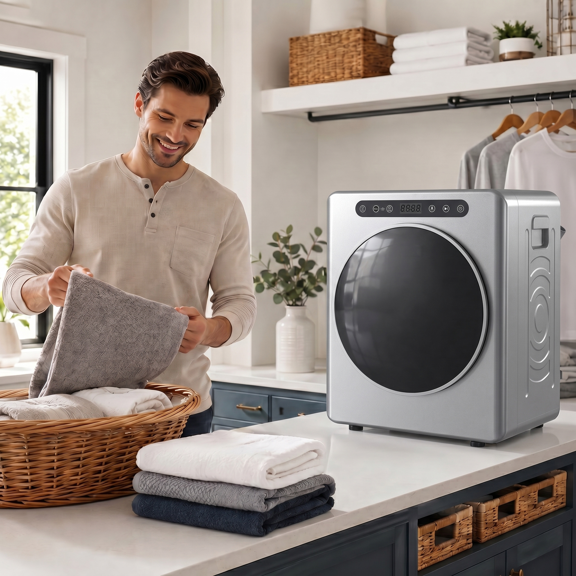 5kg Ablufttrockner, 1000W Kompakter freistehender Frontlader-Wäschetrockner mit Edelstahltrommel, Timer, Silber