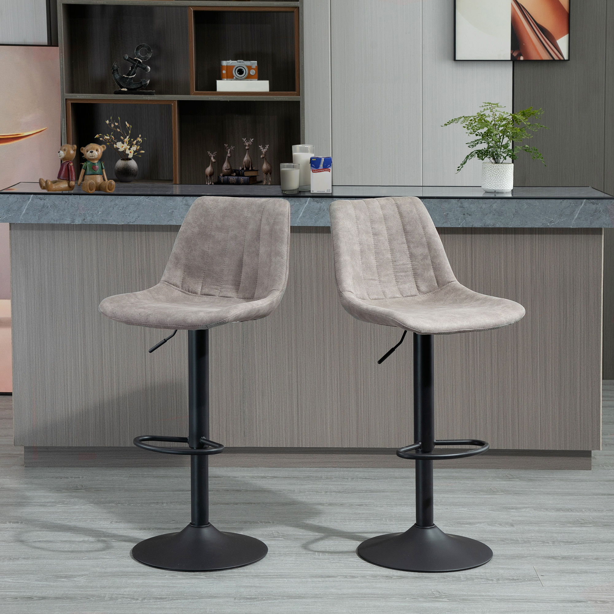 2er-Set Barhocker im Retrodesign, inkl. Fußstütze, höhenverstellbar, Gaslift, Grau + Schwarz