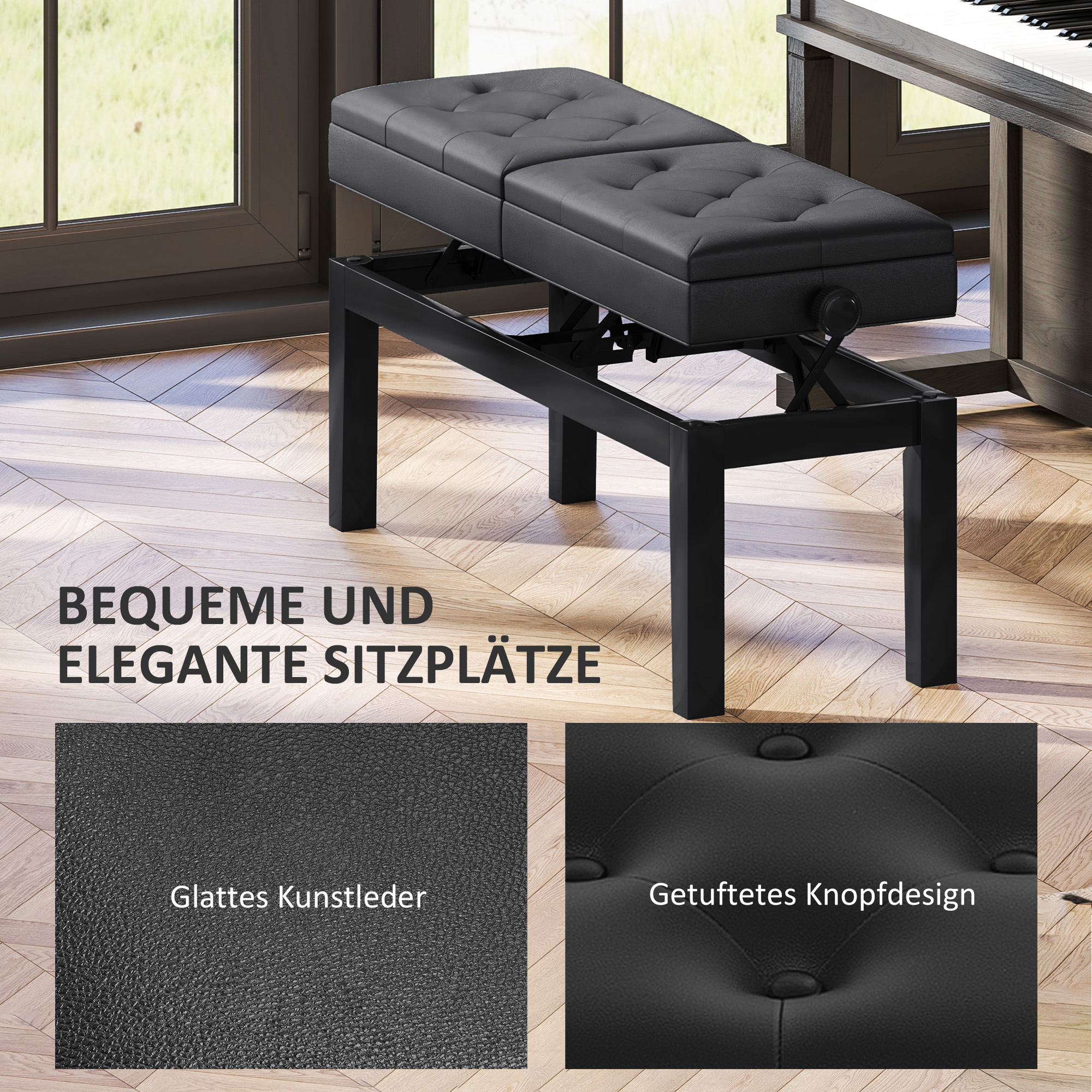 Klavierbank, Klavierhocker, Kunstleder, verstellbarer Doppelsitz, Stauraum, Schwarz