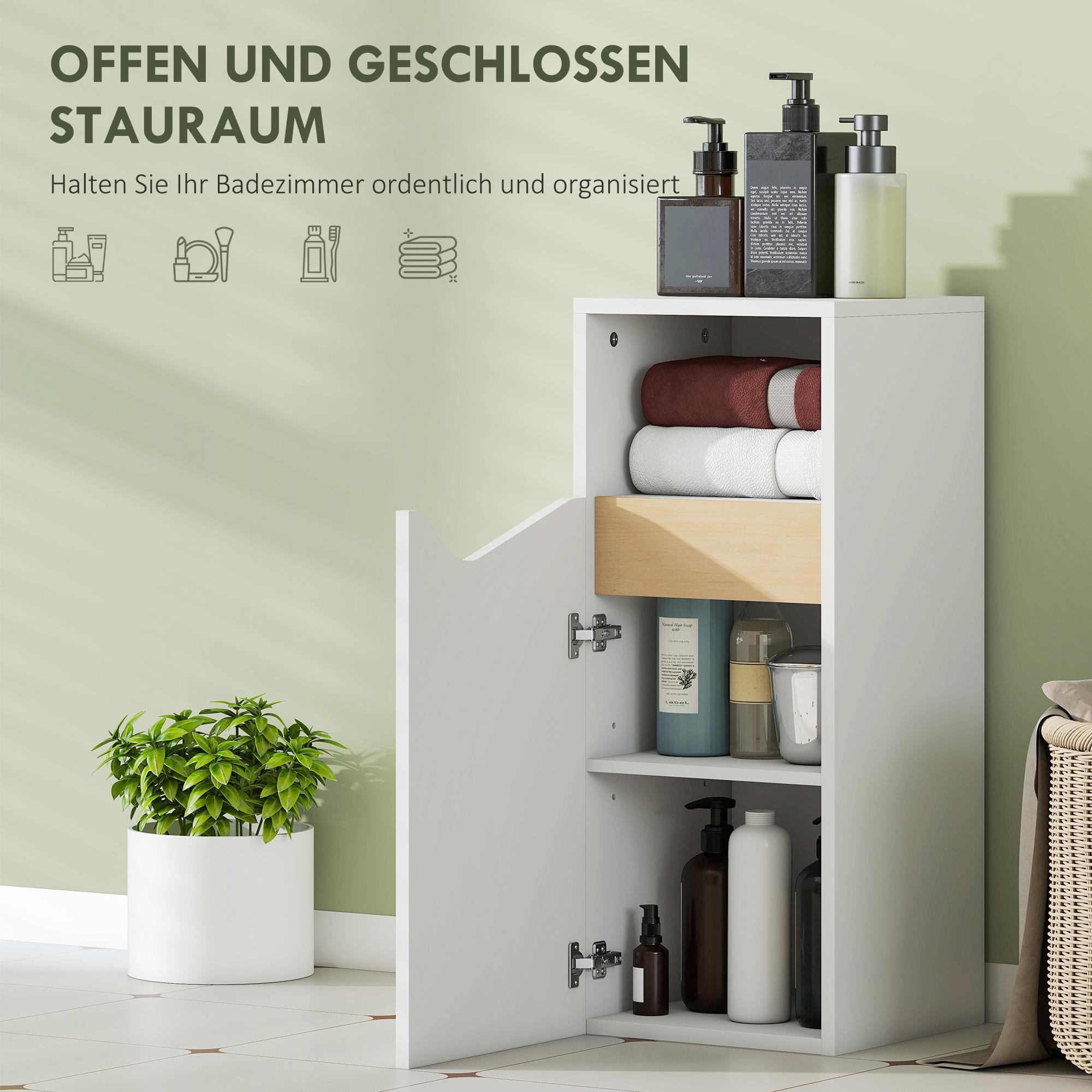 Badezimmerschrank Schmal Badschrank mit Verstellbaren Ablagen, offenem Fach 30 x 30 x 71,5 cm Weiß