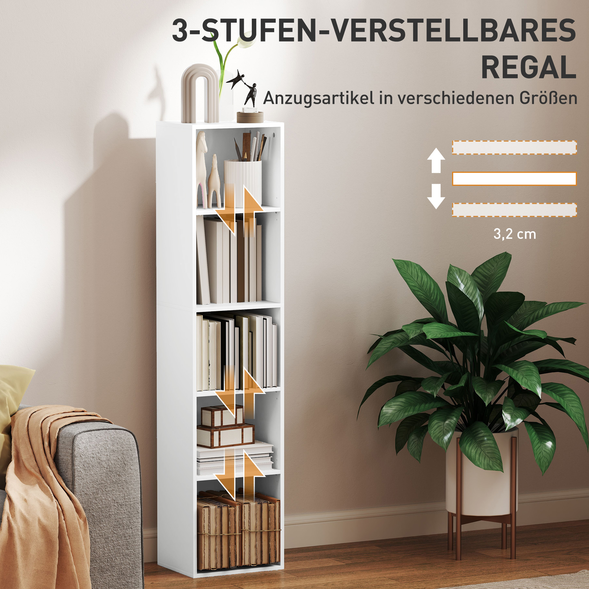 Bücherregal, 5 Fächer, verstellbare Regale, Holz, 30 x 24 x 133,5 cm, Weiß