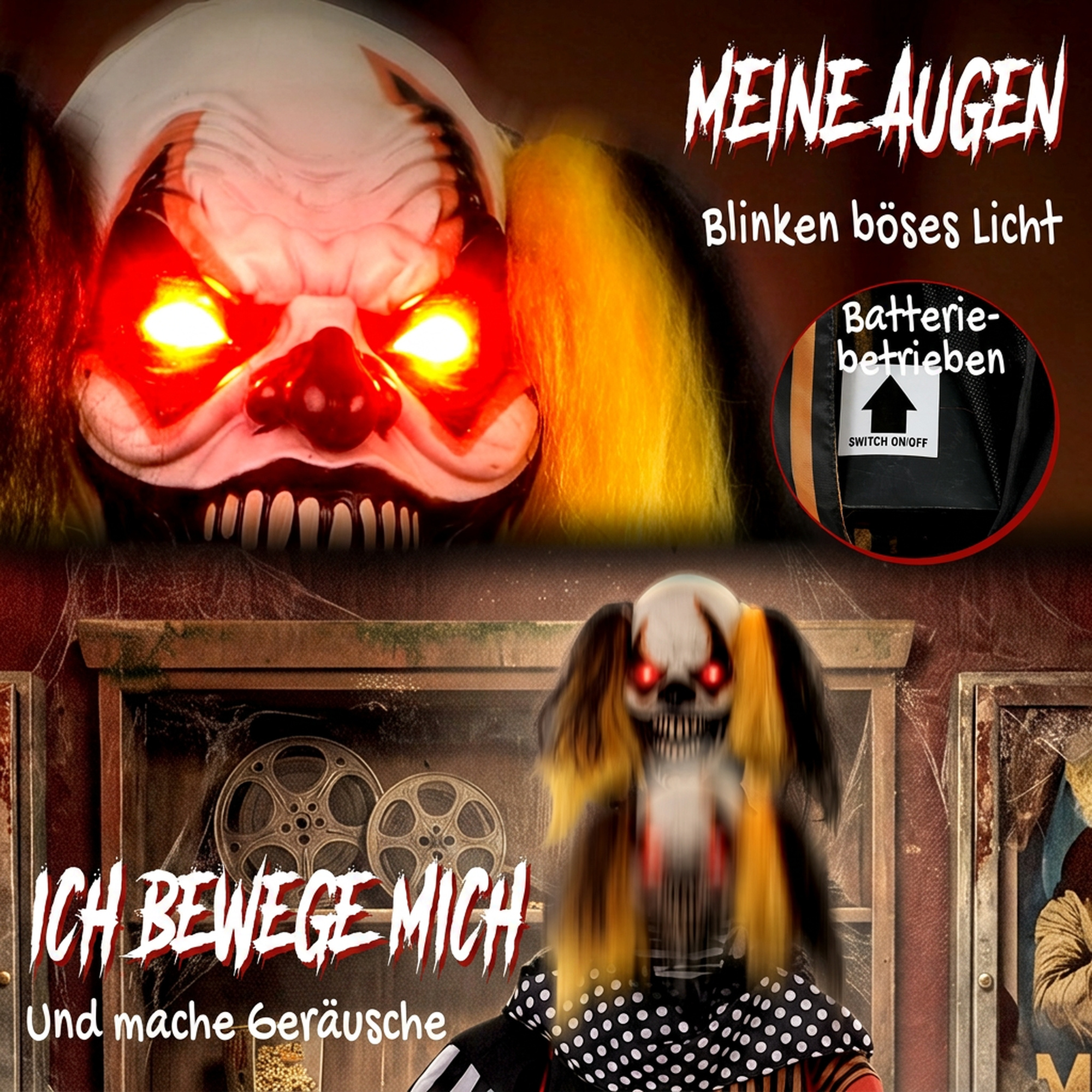 animierter Halloween-Popcorn-Clown mit hochschnellendem Kopf, Grusel-Sound, Jahrmarktmusik und leuchtenden Augen