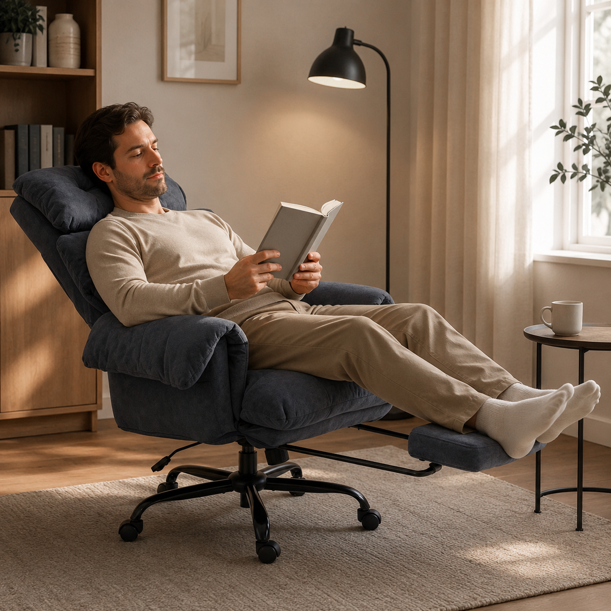 Bürostuhl mit verstellbarer Rückenlehne, rollbarer Polsterstuhl, Polstersessel, höhenverstellbar, Stahl, Dunkelgrau