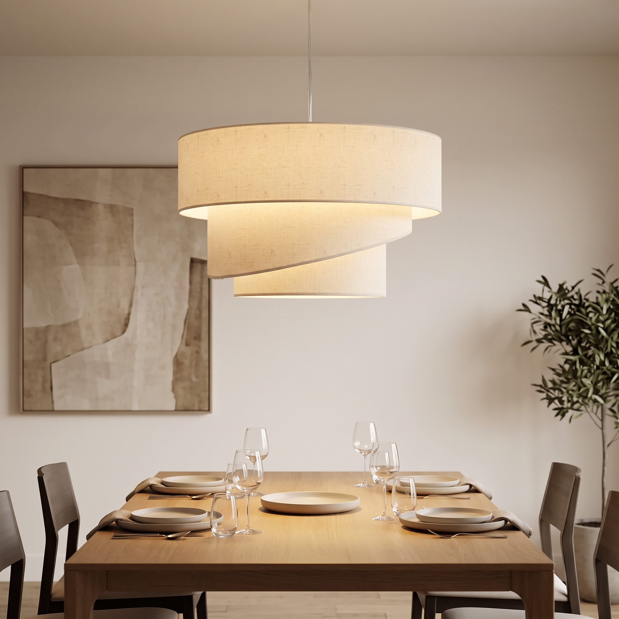 Pendelleuchte mit 3 Leinenschirmen, moderne Deckenlampe höhenverstellbar, Beige, Leuchtmittel nicht enthalten