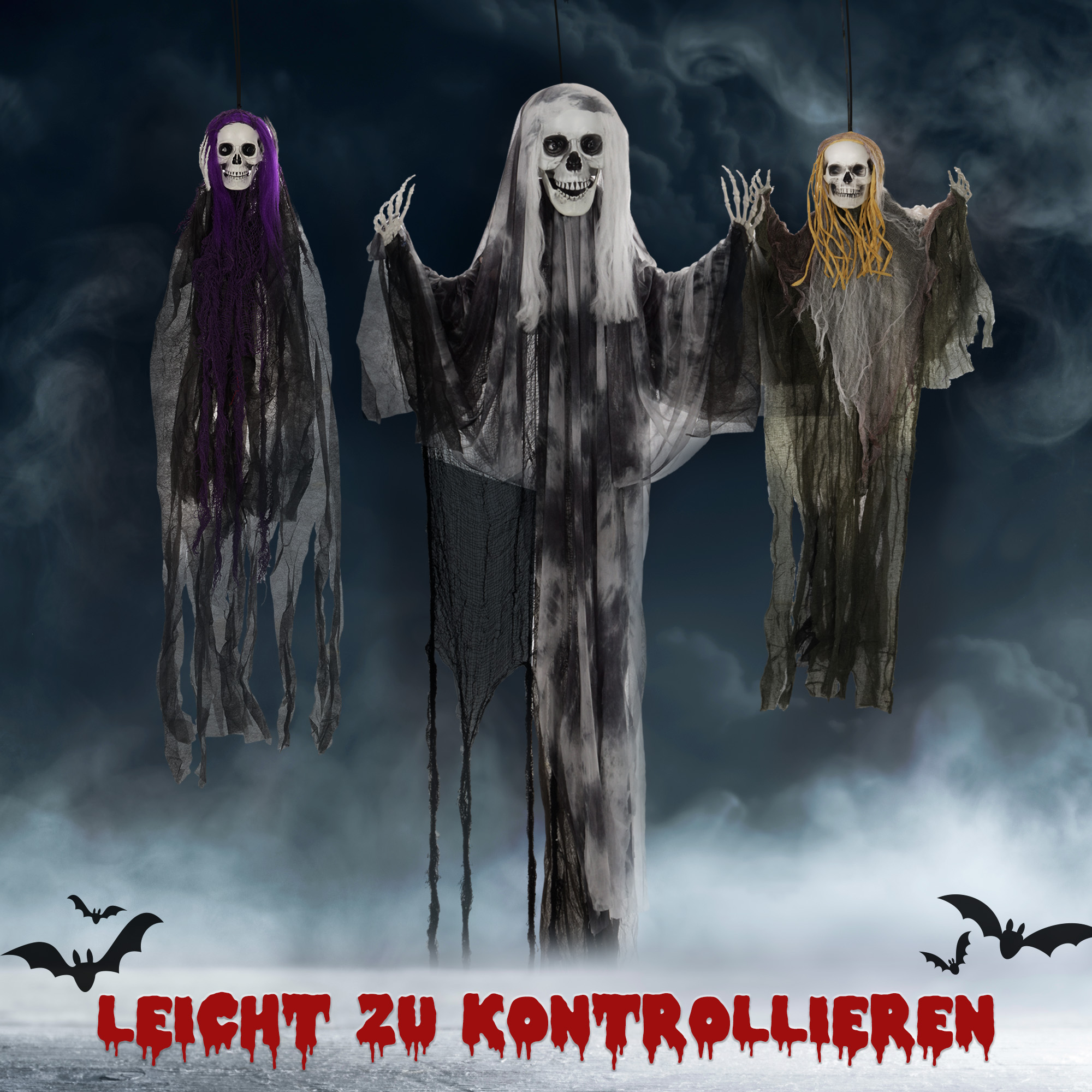 hängende Skelett-Geister, 3er Set, Halloweendeko, verstellbare Arme, 90/110/200cm