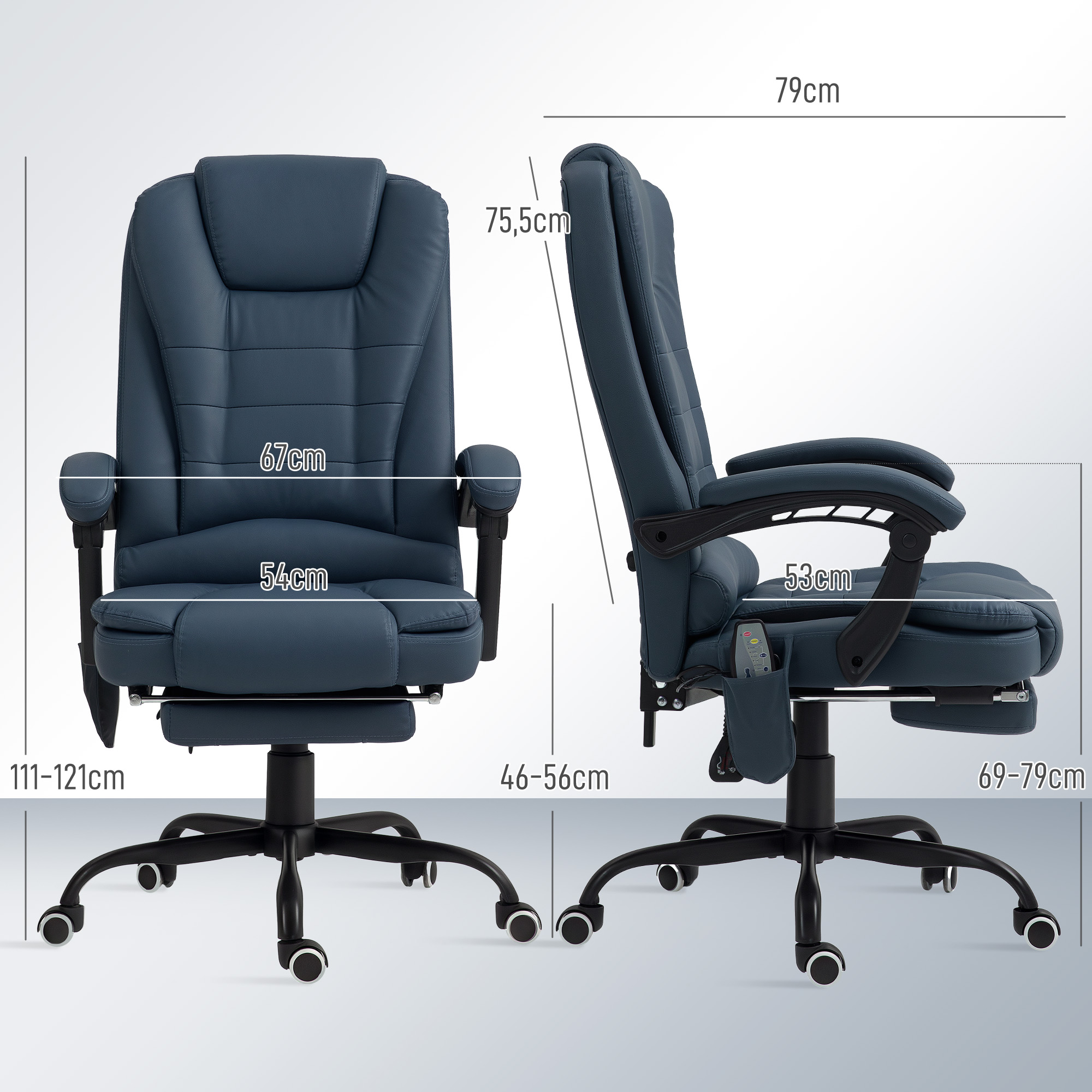 Massage-Bürostuhl, 7 Vibrationspunkte, verstellbare Fußstütze & Lehne, bis 120 kg, Lederoptik, Blau