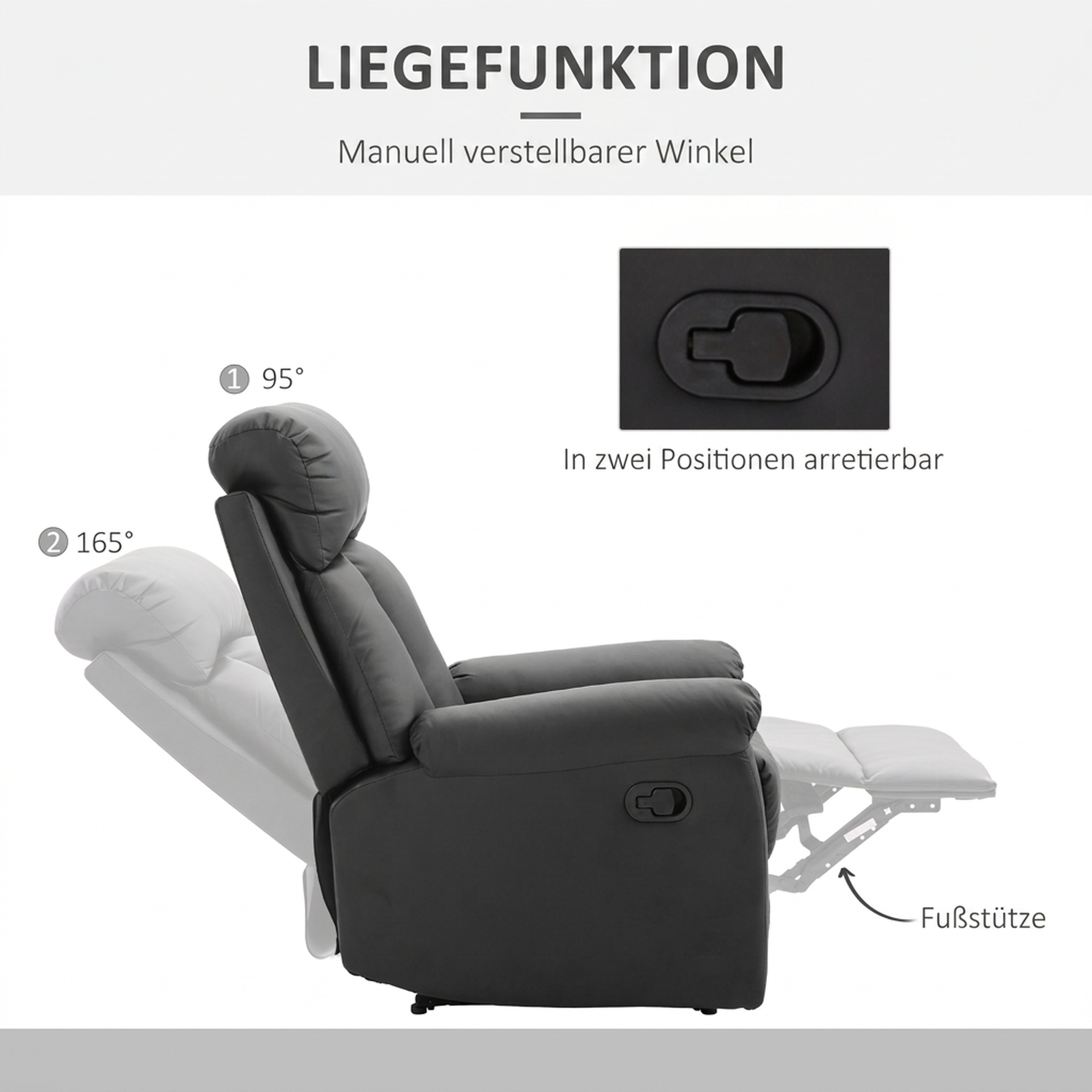 Relaxsessel Fernsehsessel mit Liegefunktion, Manuell Verstellbar Ruhesessel aus Kunstleder für Wohnzimmer, Schwarz