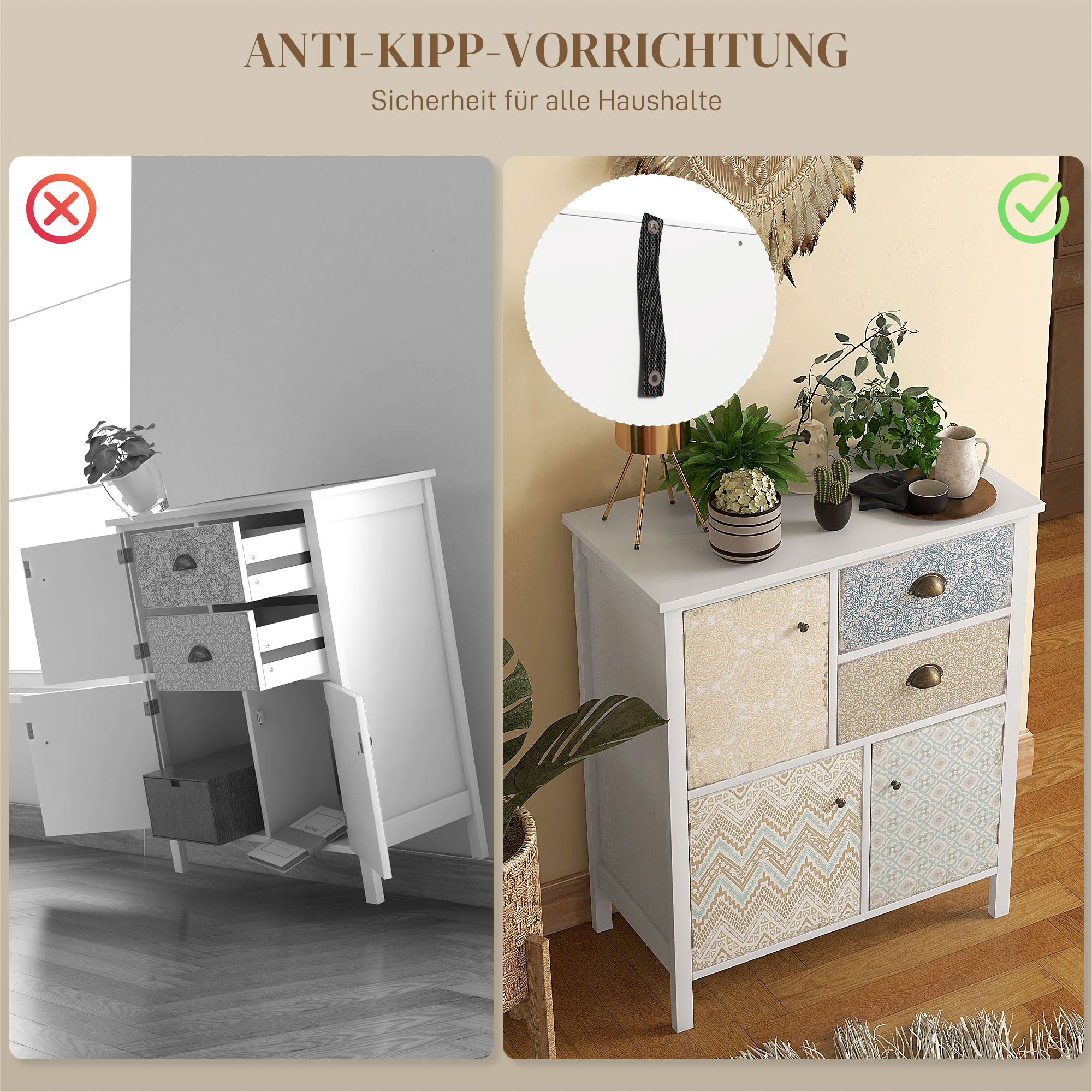 Sideboard, Shabby Chic Kommode, 2 Schubladen, 3 Schrankfächer, Kiefernholz, 68x34x80cm, Weiß