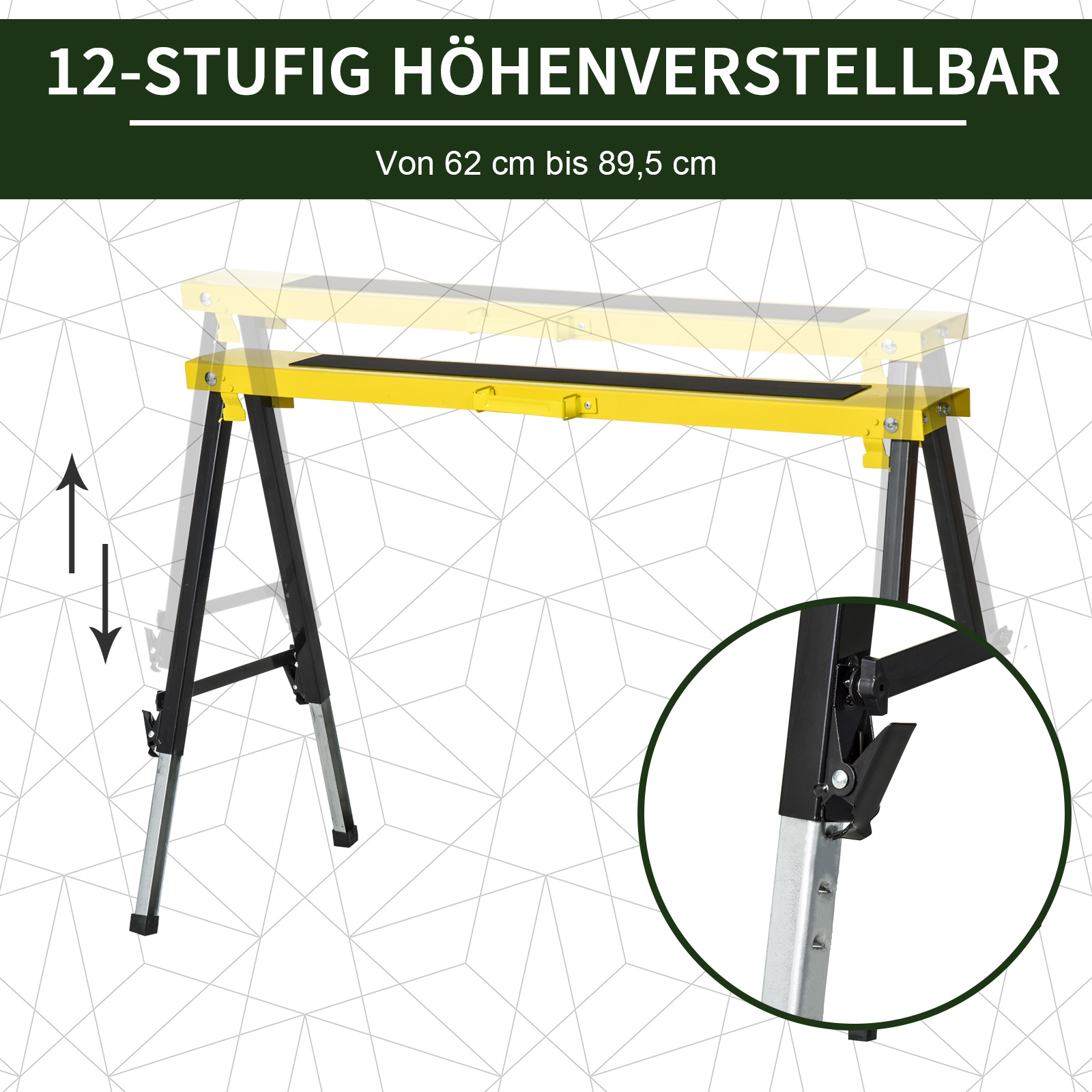 2er-Set Sägepferd Arbeitsbock Unterstellbock Klappbar rutschfest Stahl Gelb Schwarz 100 x 49 x 62-90 cm Belastbarkeit 100 kg