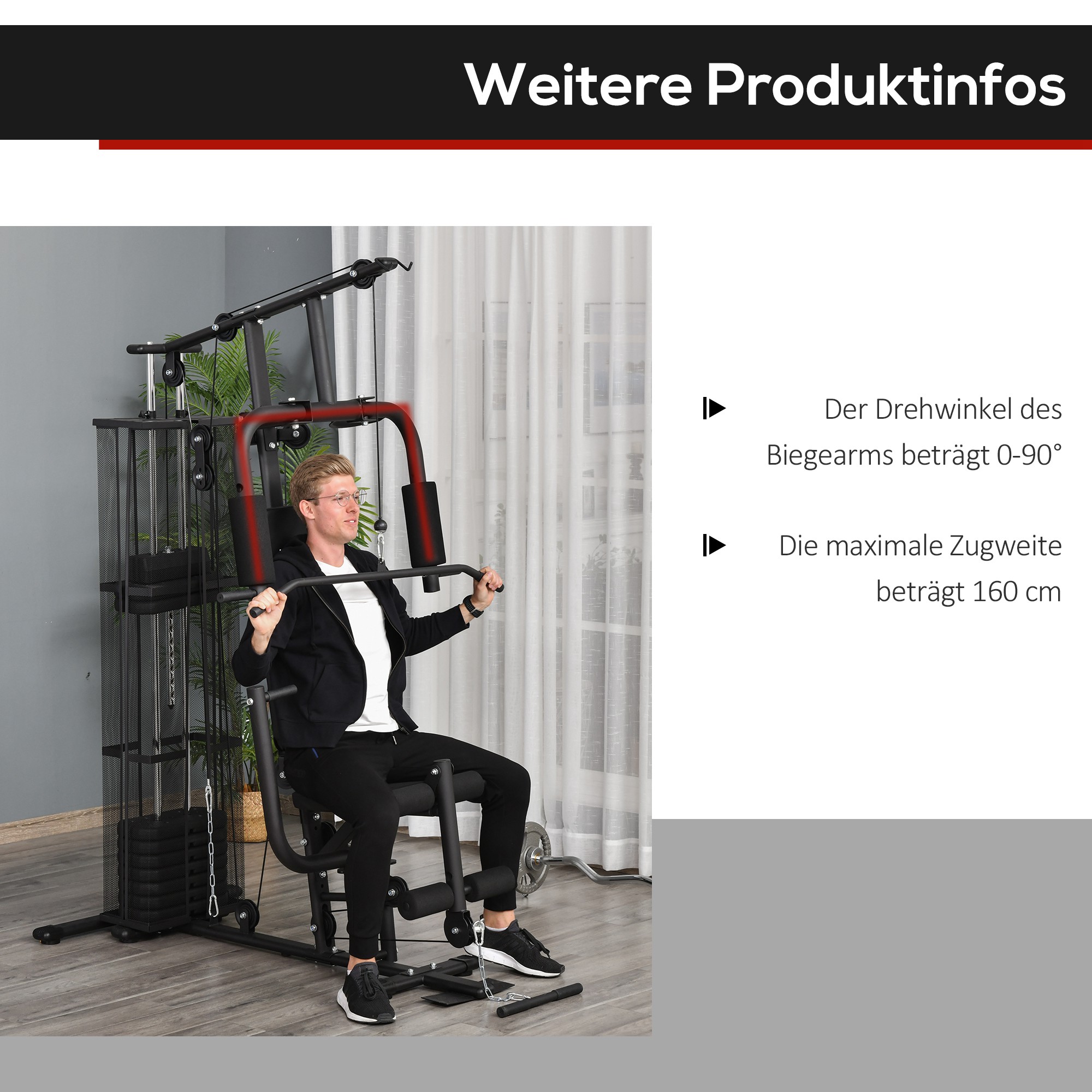 Kraftstation Fitnessstation Fitnessgerät Multifunktion Krafttraining Multistation Trainingsstation mit Latzug Butterflystange 45kg Gewichten Seil, Fitnessgeräte für Zuhause Schwarz