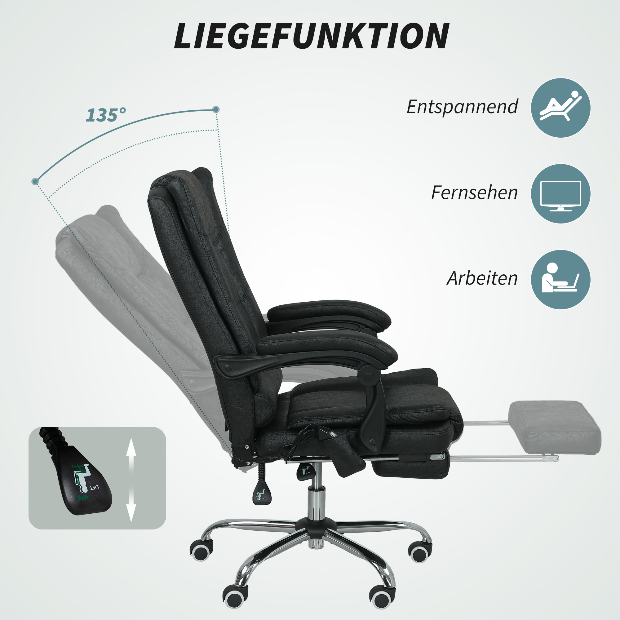 Massagstuhl Bürostuhl mit Massagefunktion, inkl. Fußstütze, höhenverstellbar, 64 cm x 70 cm x 118 cm, Schwarz