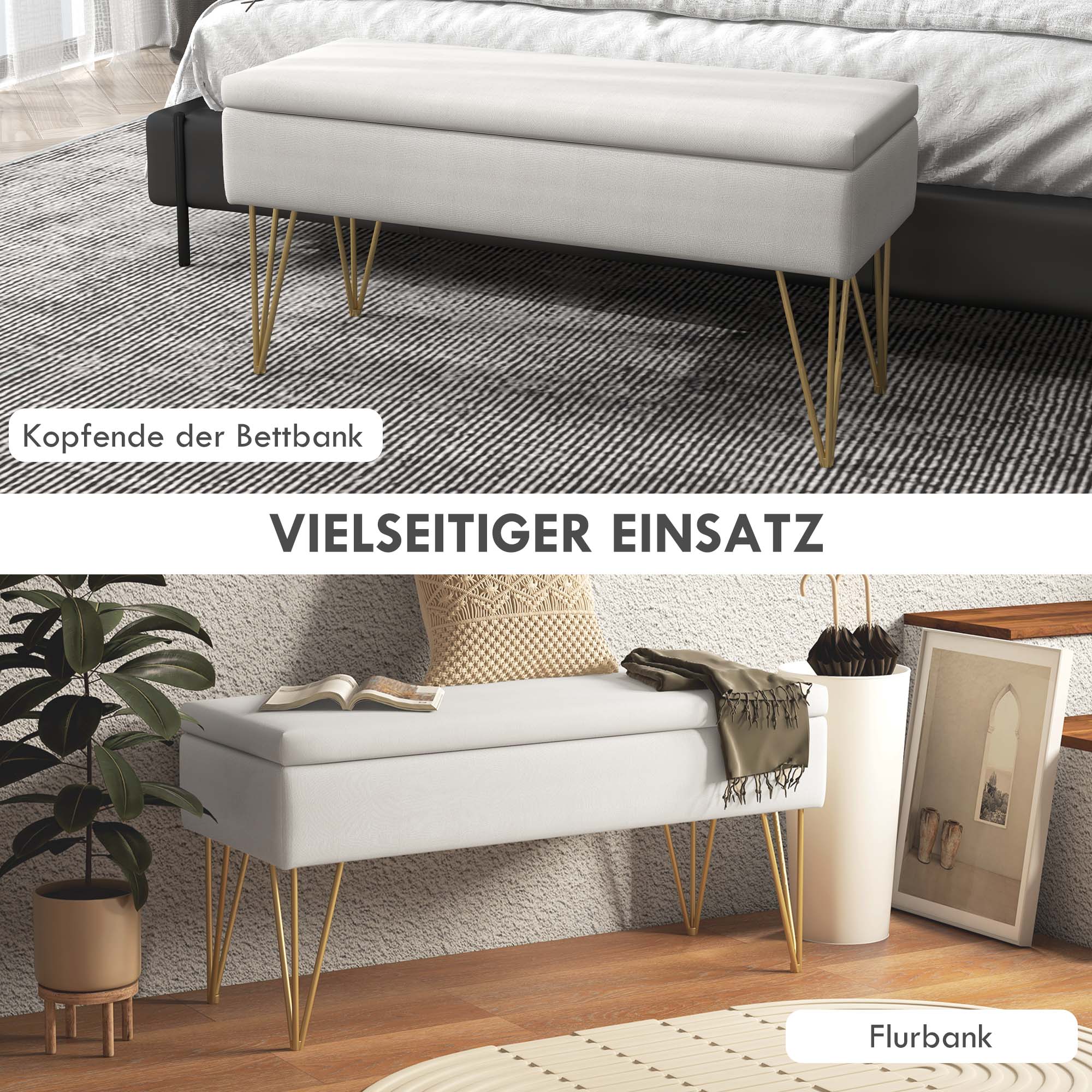 Bettbank mit Stauraum, dicke Polsterung, atmungsaktiver Stoff, Stahlfüße, 100x40x49 cm, Creme