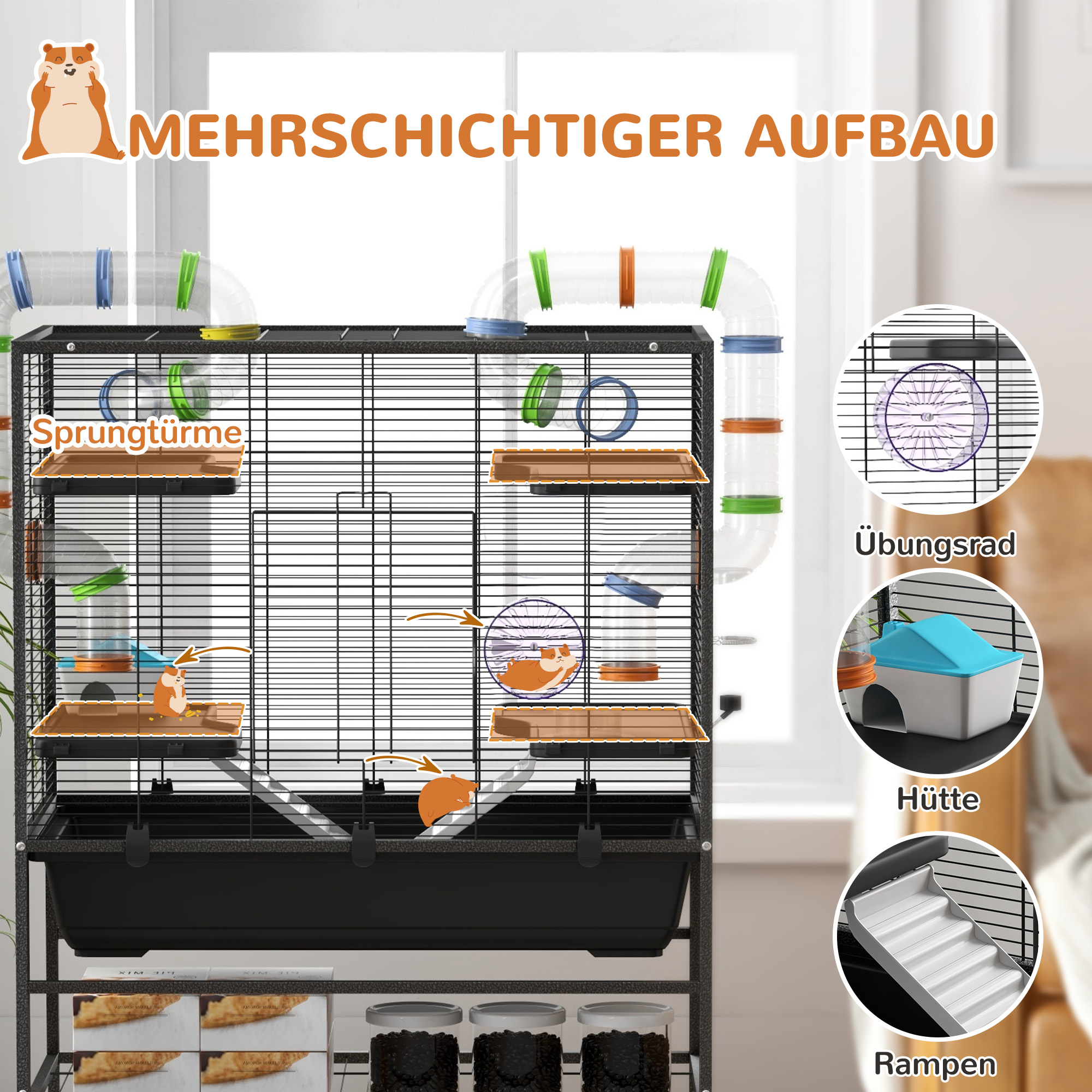 Hamsterkäfig mit Röhren, Laufrad, Häuschen, Wasserspender, 109 x 82 x 46 cm, Schwarz