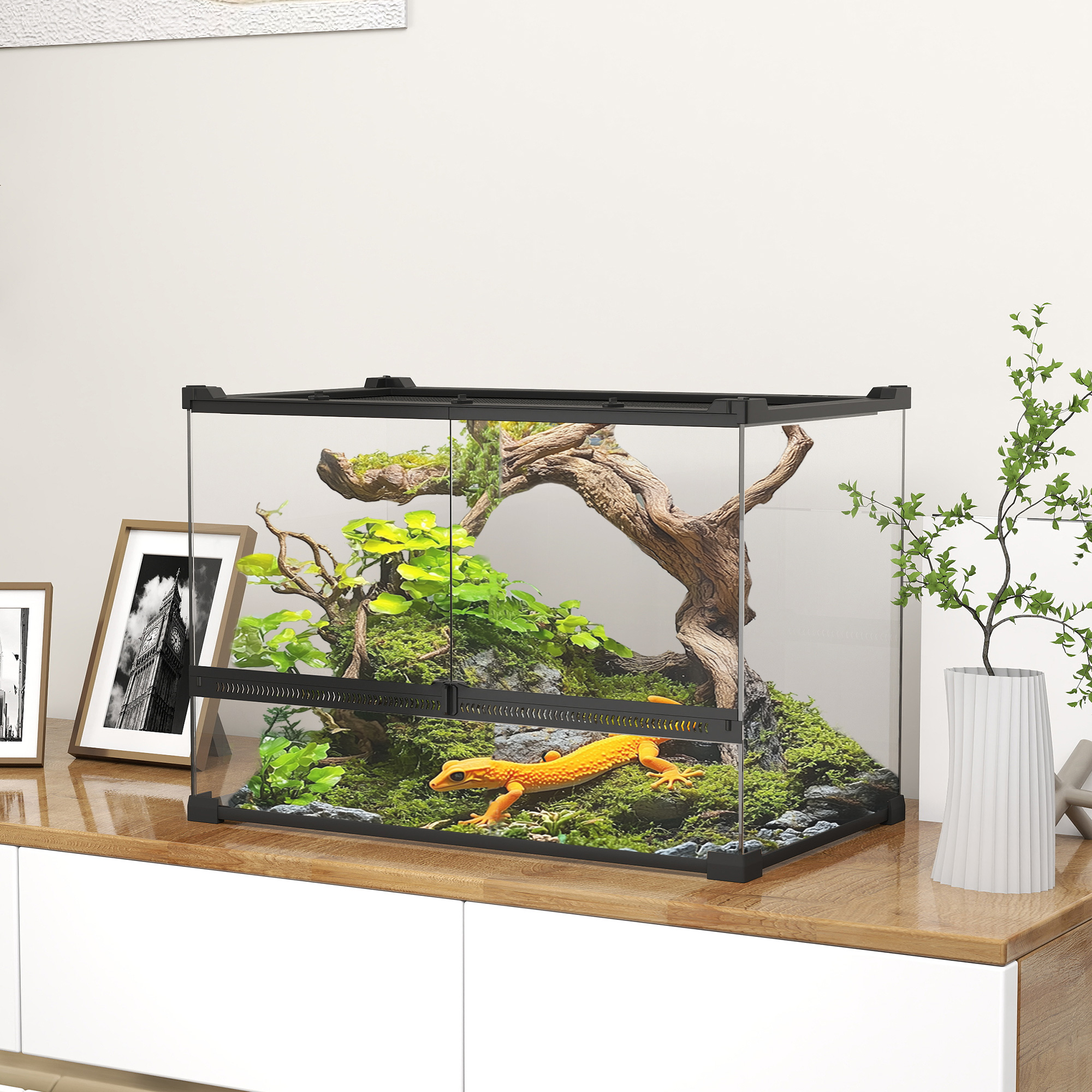Glas-Terrarium für Reptilien, erhöhter & wasserdichter Boden, Knopfschloss