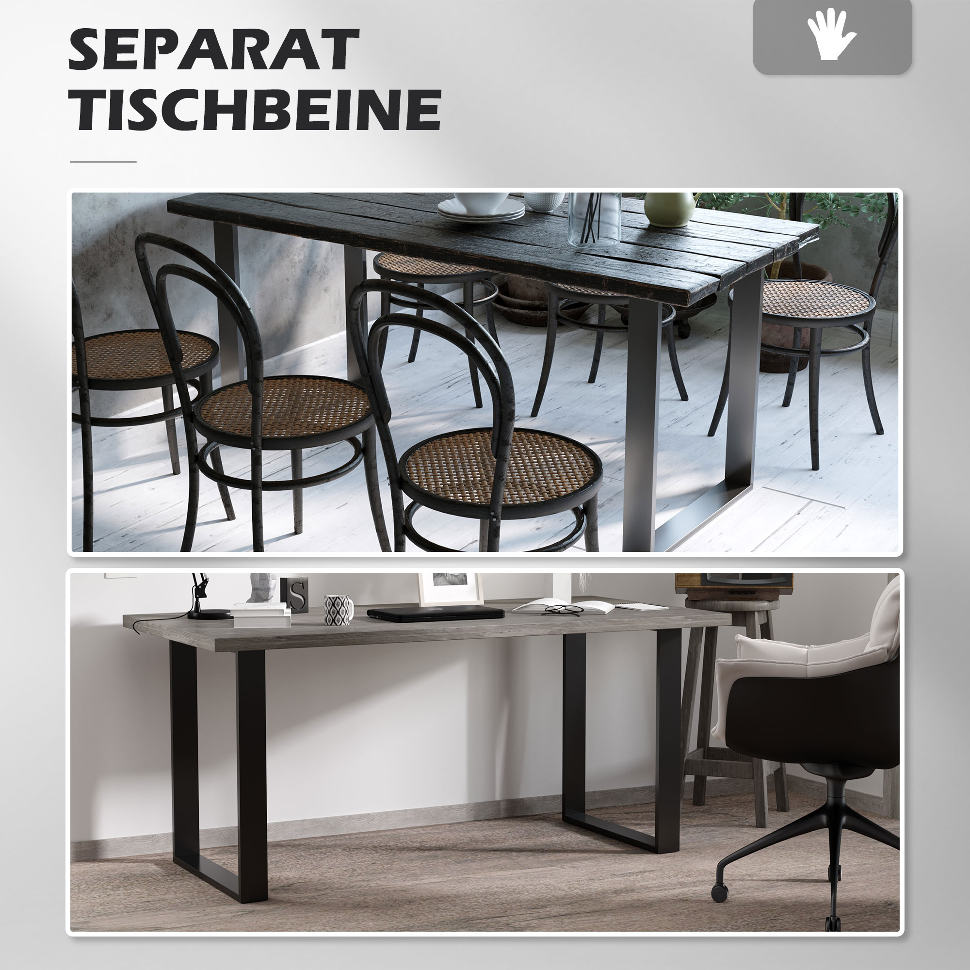 Tischbein-Set, 2 Stahlbeine, 72 x 60 cm, vorgebohrte Löcher, Industrial Design, Stahl, schwarz