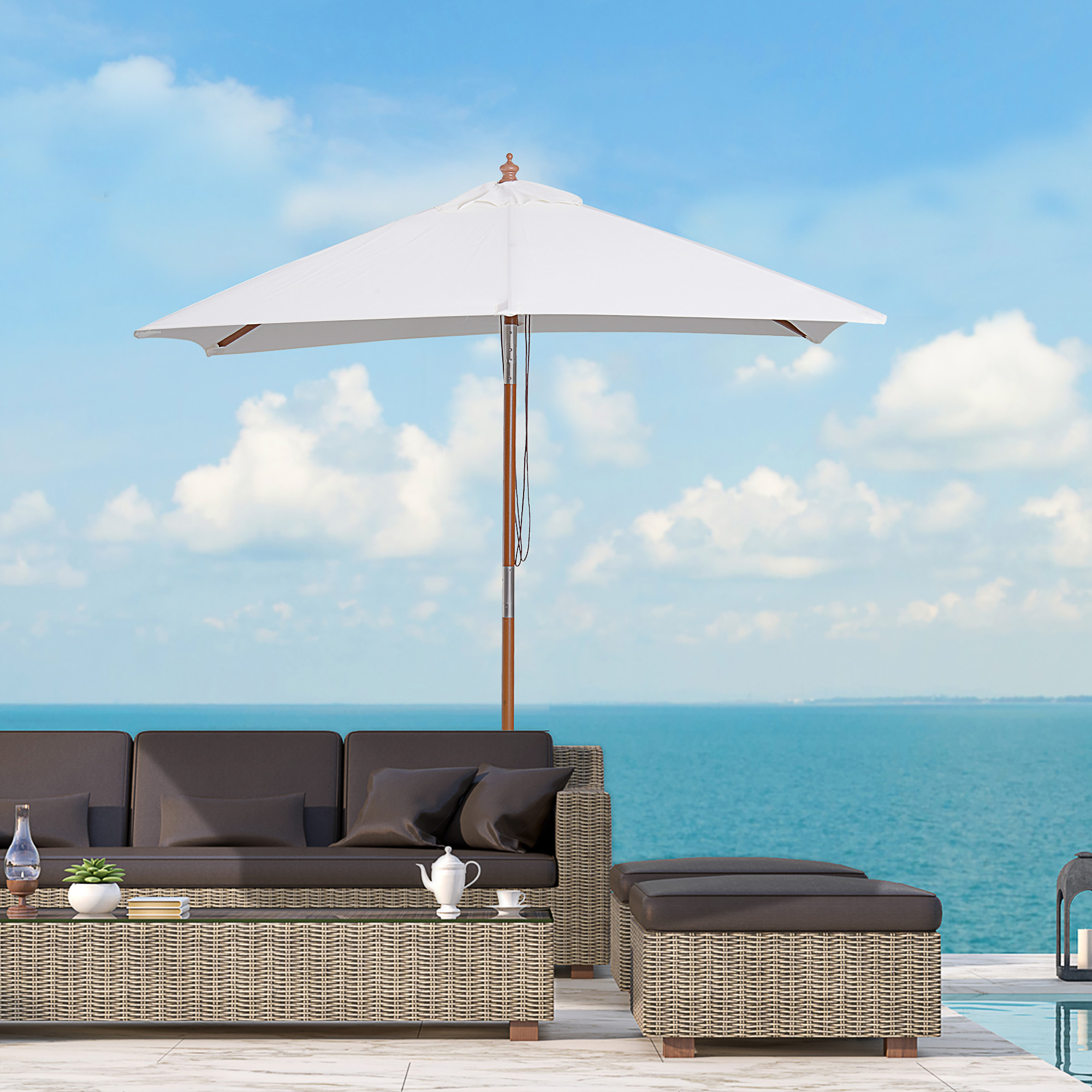 Sonnenschirm 200 x 150 x 235 cm Knickbarer Gartenschirm 3-stufig einstellbar rechteckig Strandschirm wasserabweisend und UV-beständig für Strand Balkon Terrasse Garten Cremeweiß
