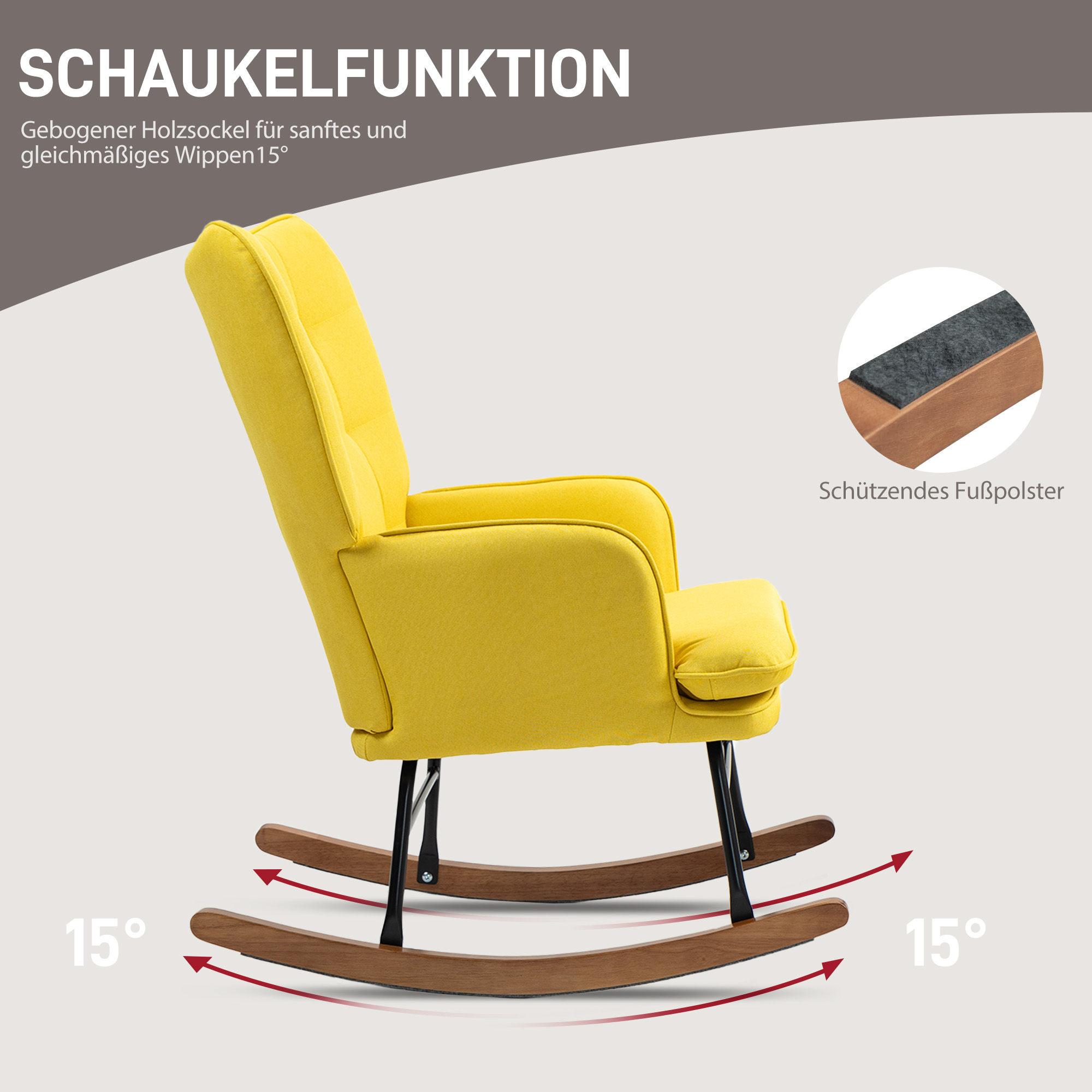 Schaukelstuhl mit Ottomane Skandidesign Schaukelstuhl mit Fußhocker, Buchenholz, Steppung, 64 cm x 89 cm x 90 cm Gelb