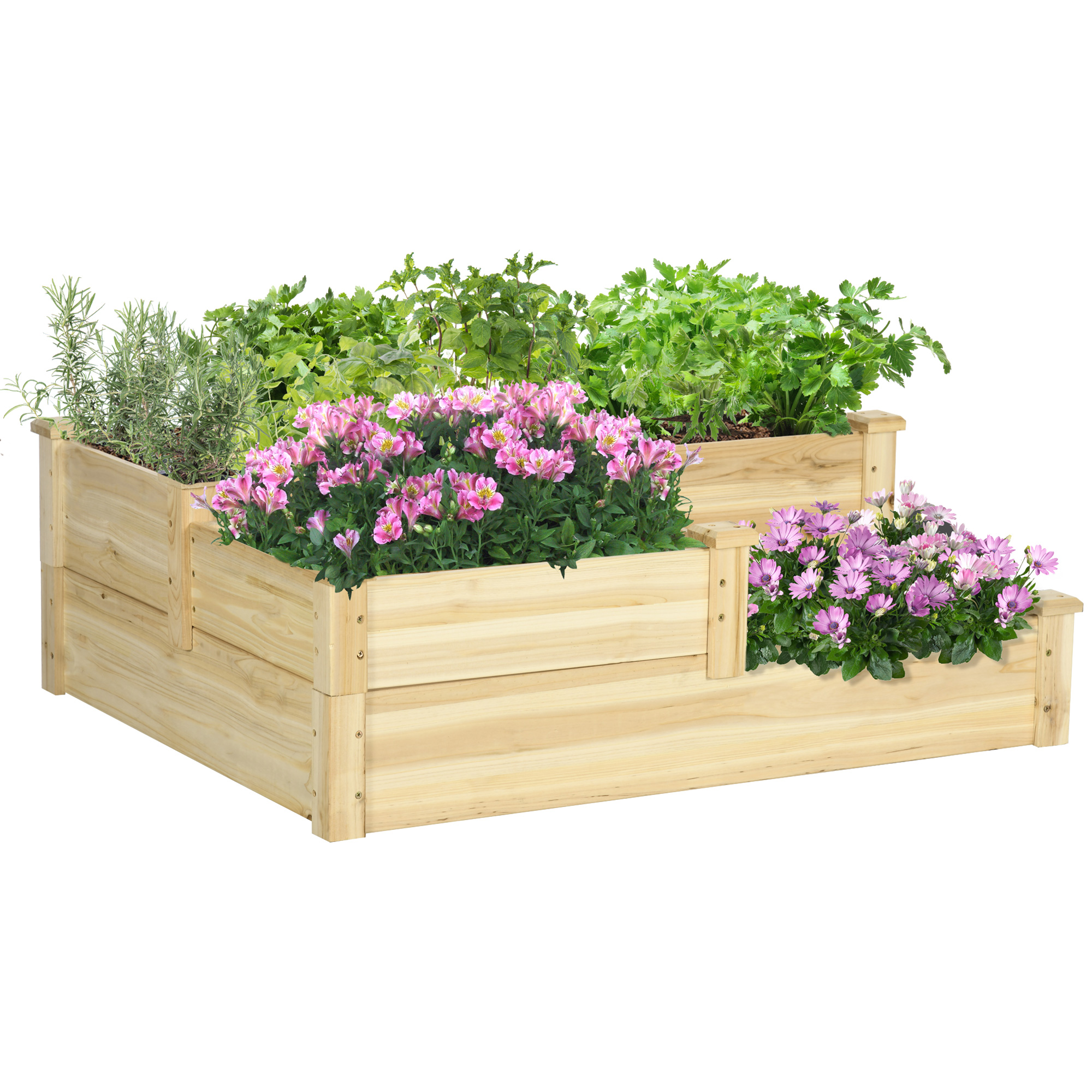 Hochbeet mit 3 Pflanzkästen, 3-stufiges Design, offenere Boden, 108 cm x 88 cm x 36 cm, Natur