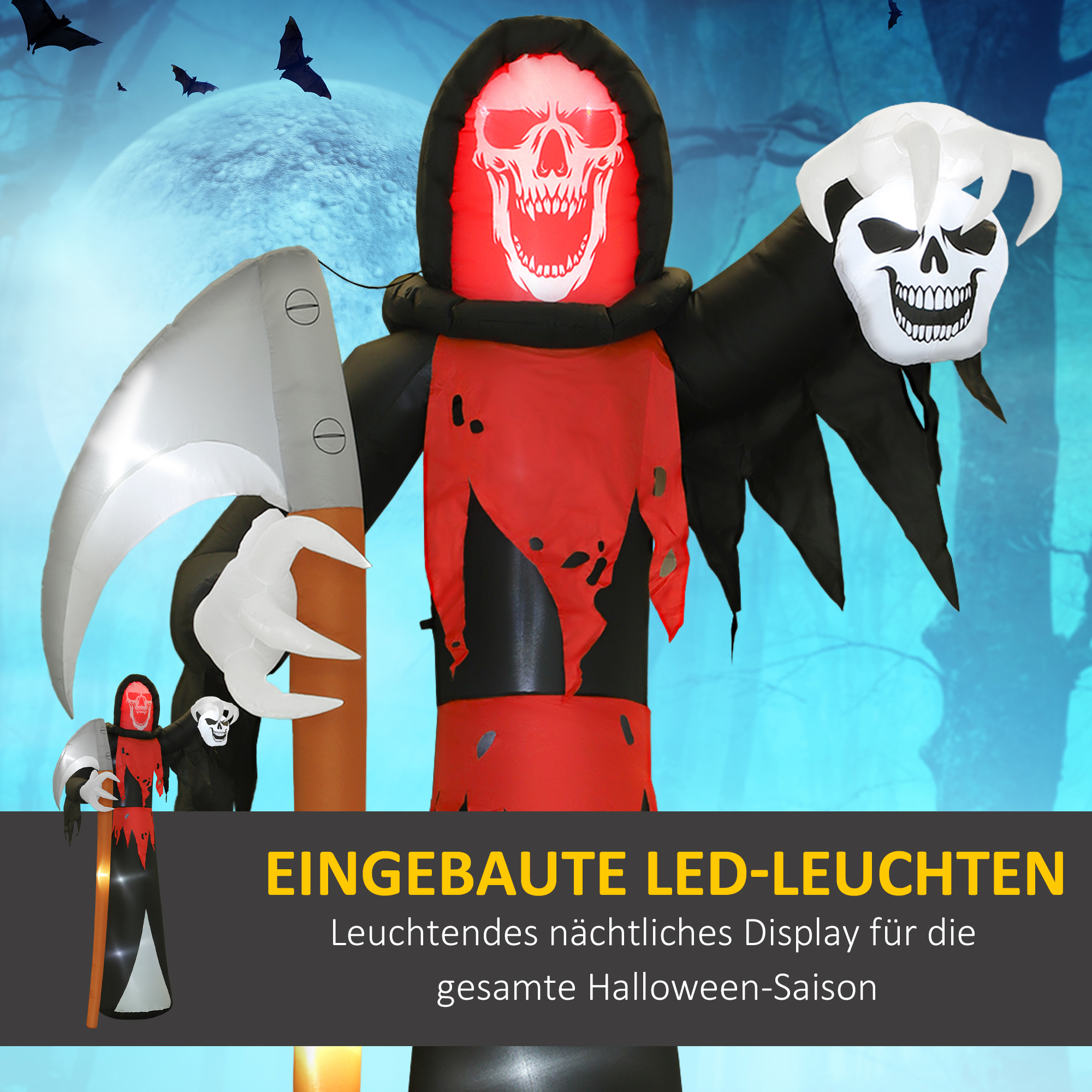 Halloween-Dekoration 3,7 m riesiger Sensenmann mit LED-Beleuchtung Leuchtende Luftfigur für Outdoor Halloween-Dekoration 3,7 m riesiger Sensenmann mit LED-Beleuchtung Leuchtende Luftfigur für Outdoor