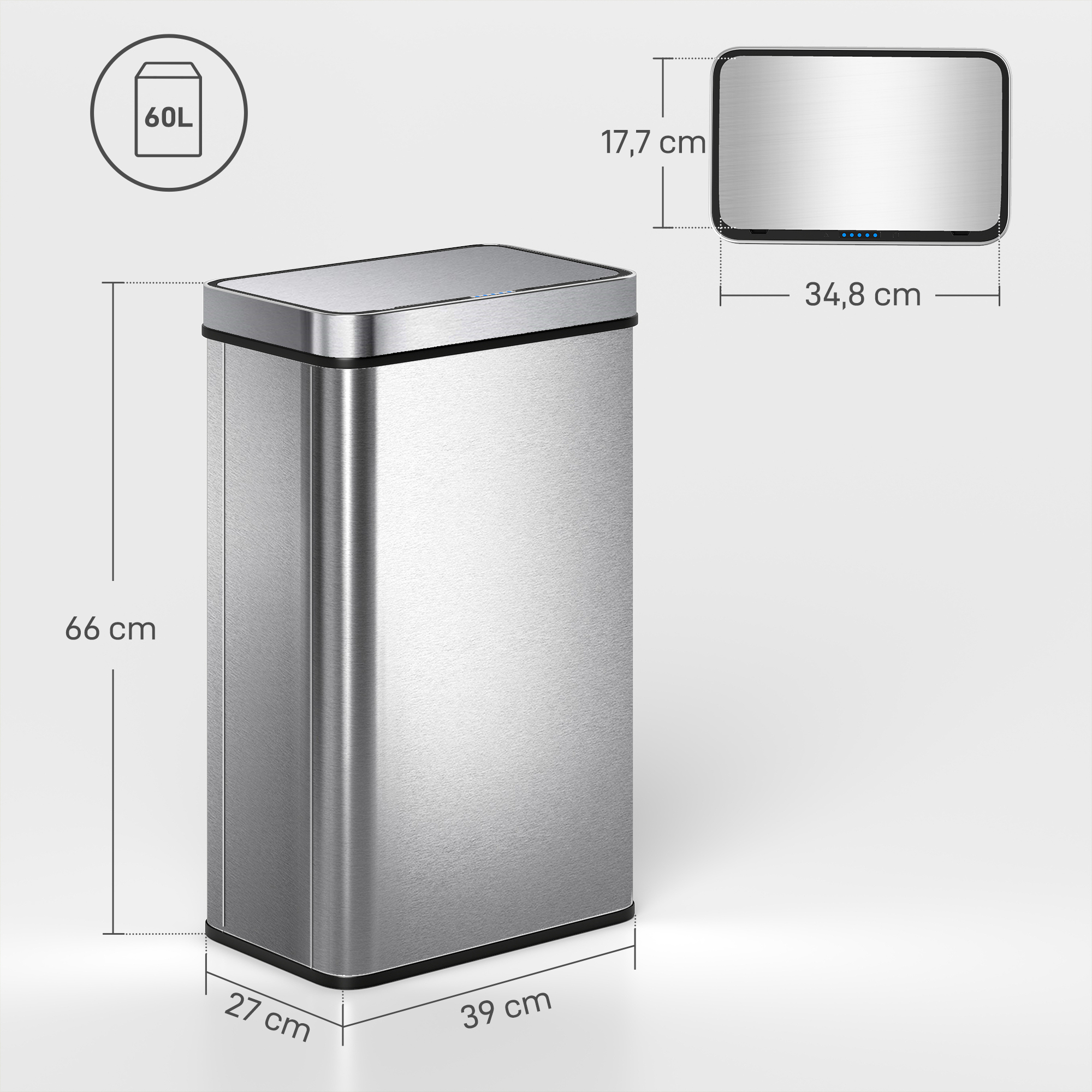 60l Sensor-Mülleimer, automatischer Deckel, Edelstahl, vielseitig einsetzbar, Silberfarben