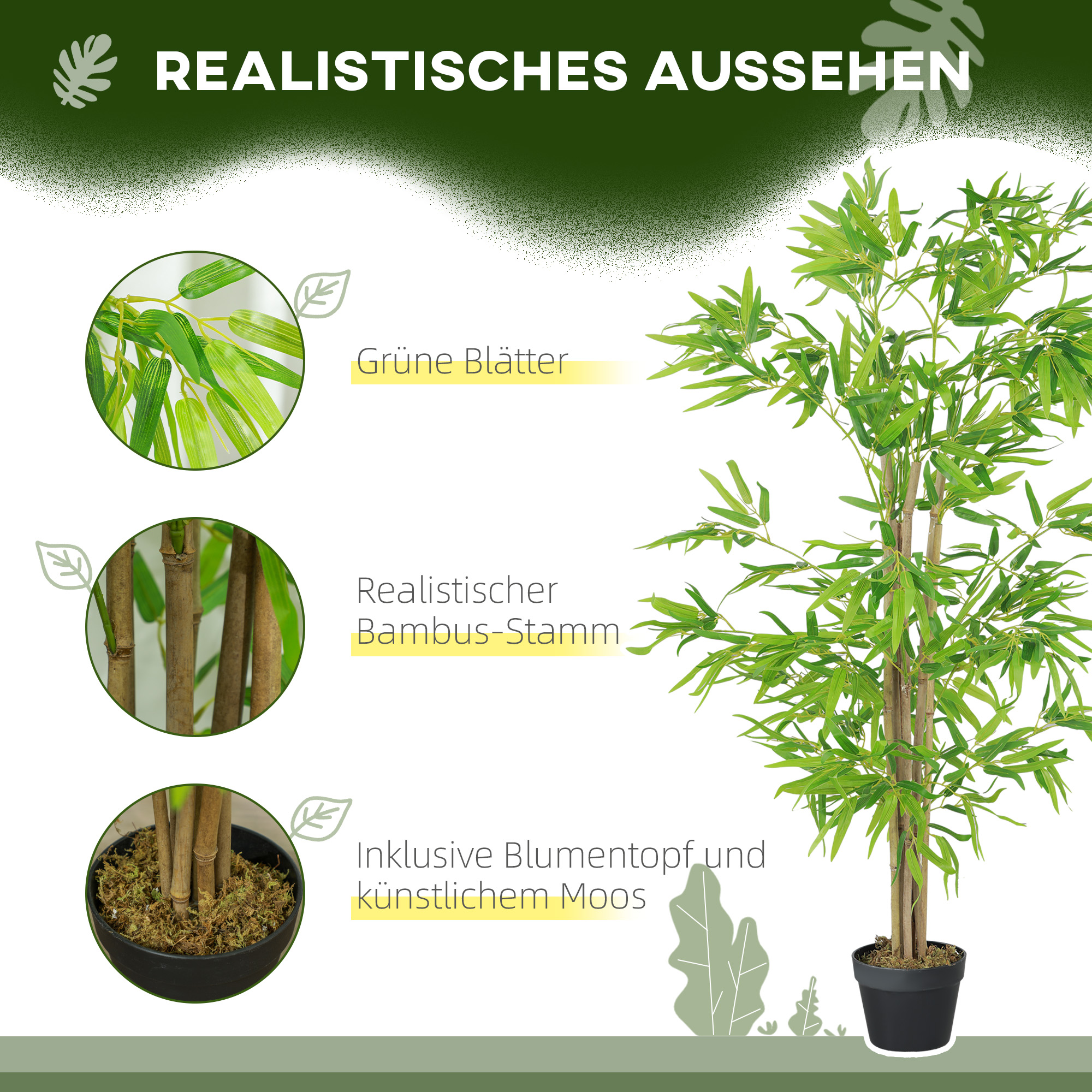 Künstlicher Bambus, Kunstpflanze, Dekopflanze mit Topf, Kunstbaum, Baumdekoration, 150 cm