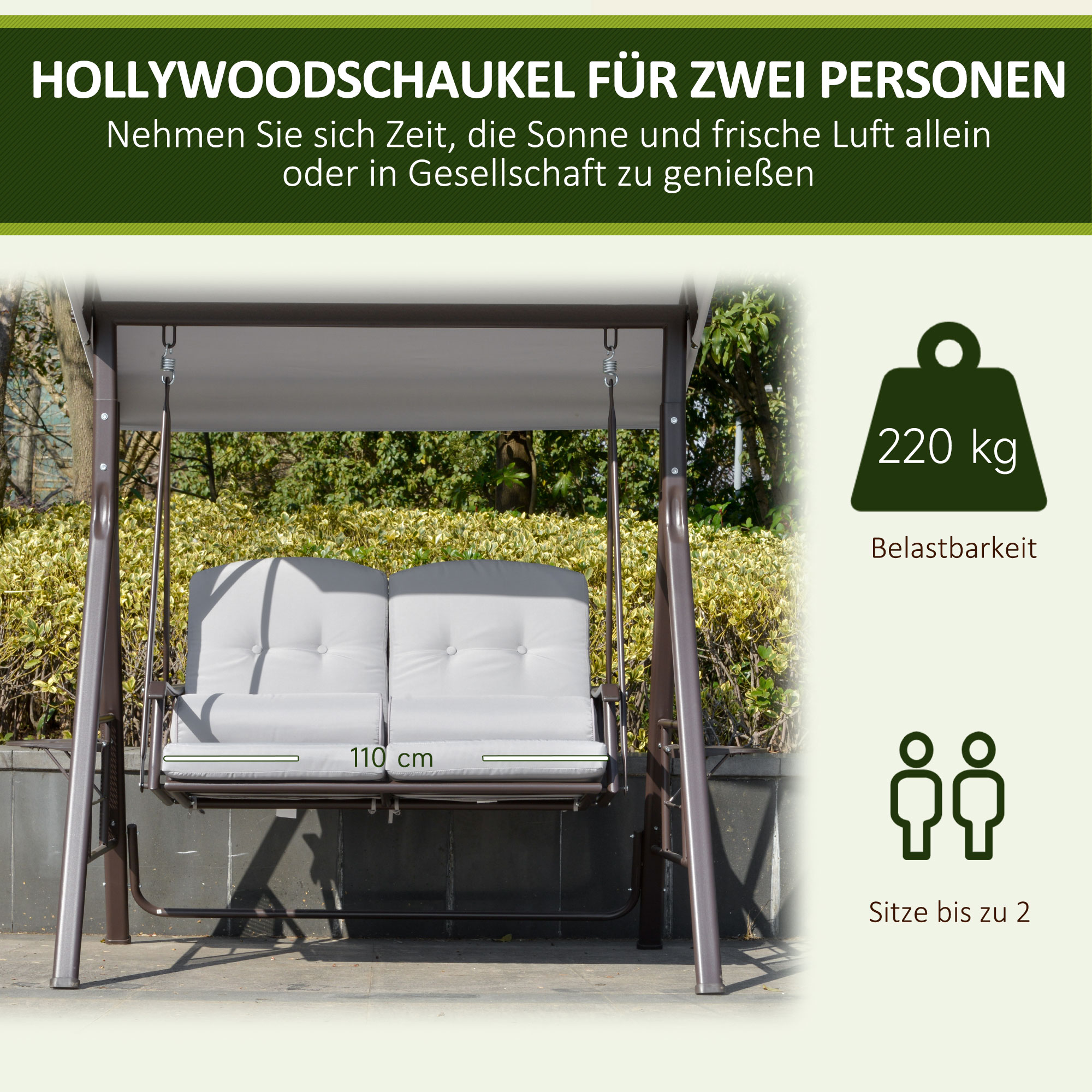 2-Sitzer Hollywoodschaukel Gartenschaukel mit Sonnendach Kissen Tablett Metall Polyester Grau 162 x 118 x 173 cm
