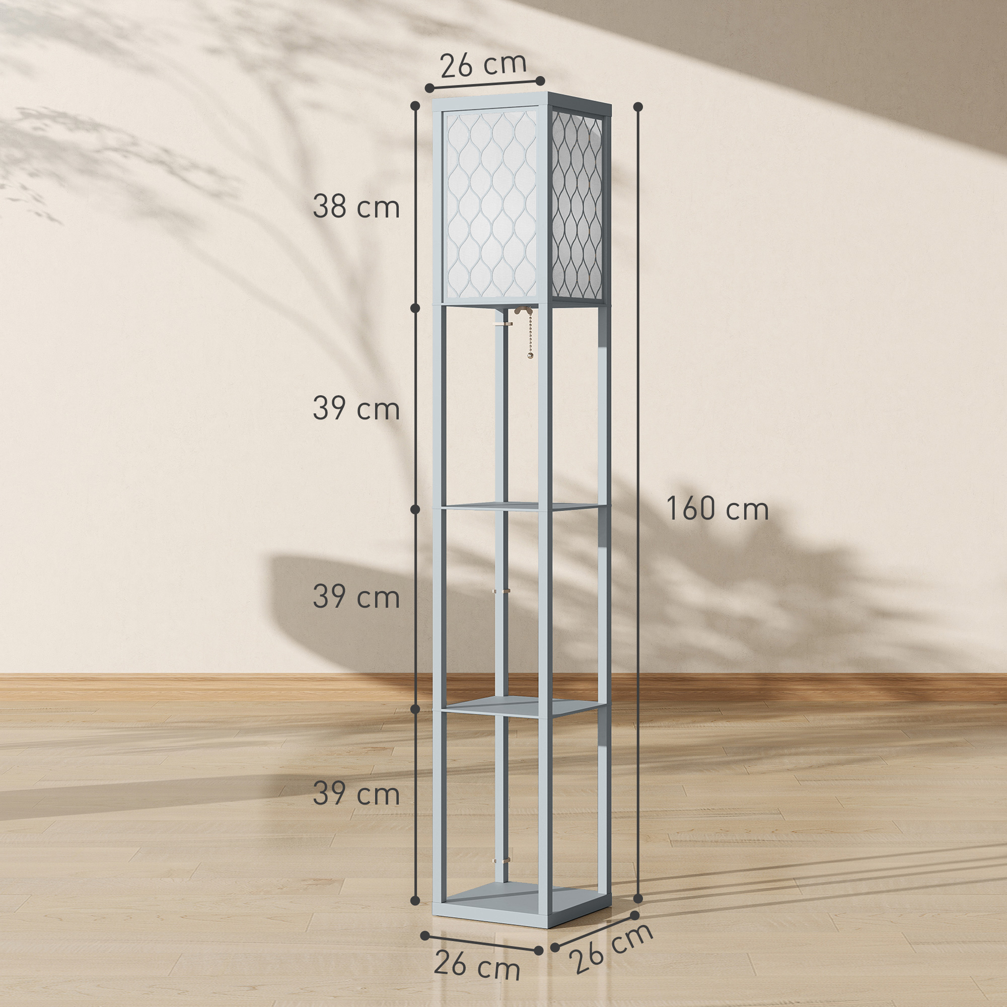 Stehlampe mit Regal, 3 Fächer, kompakte Maße, MDF, Hellgrau
