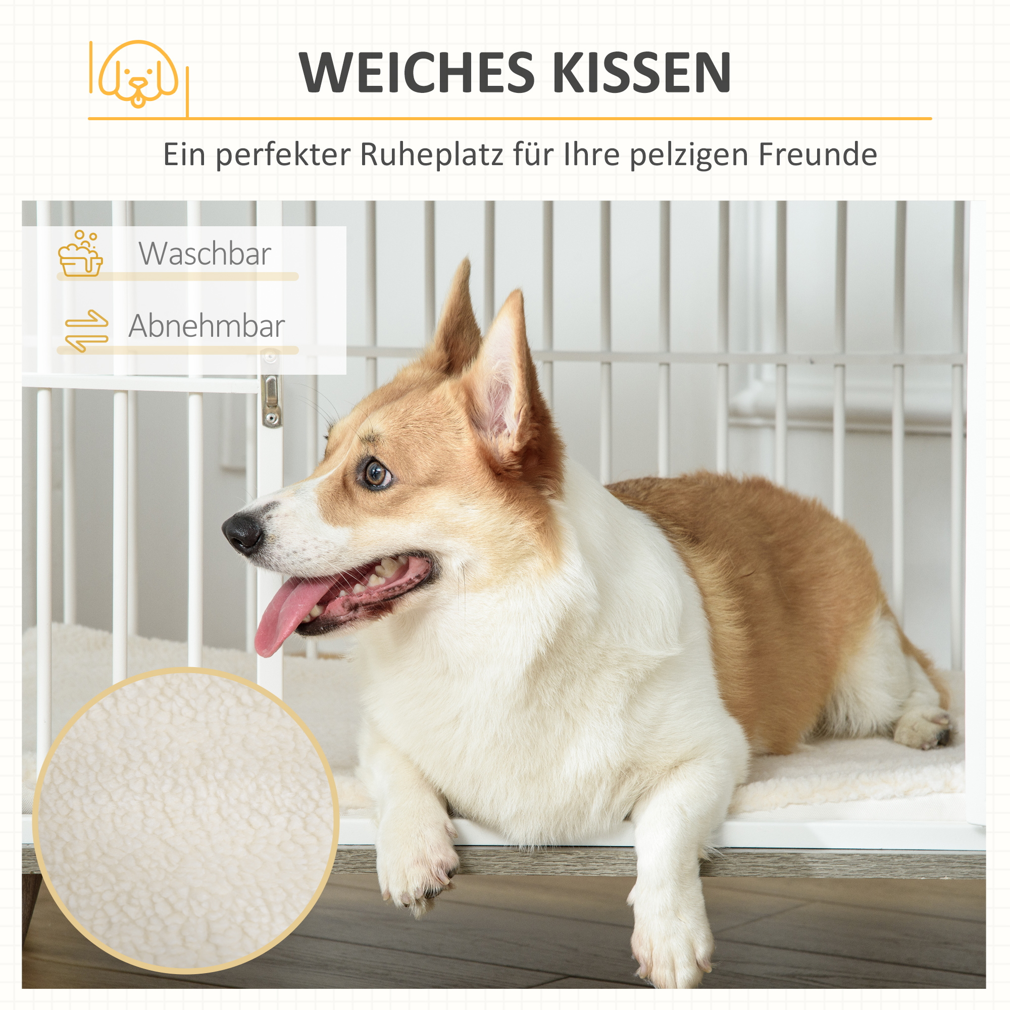 Hundekäfig aus Holz, Hundebox, Transportbox, mit Kissen, 86 cm x 60 cm x 70 cm Holzwerkstoff Stahl Weiß + Grau