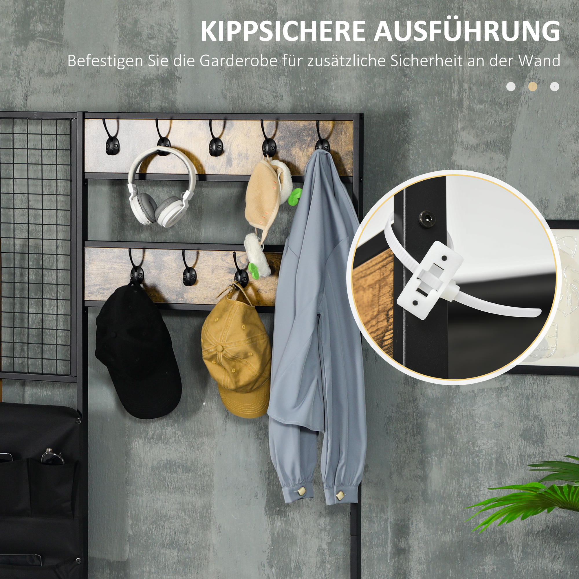 Garderobe im Industriedesign, 1 Memoboard, 1 Schuhbank, 8 Kleiderhaken, 1 Aufbewahrungstasche, Schwarz + Braun