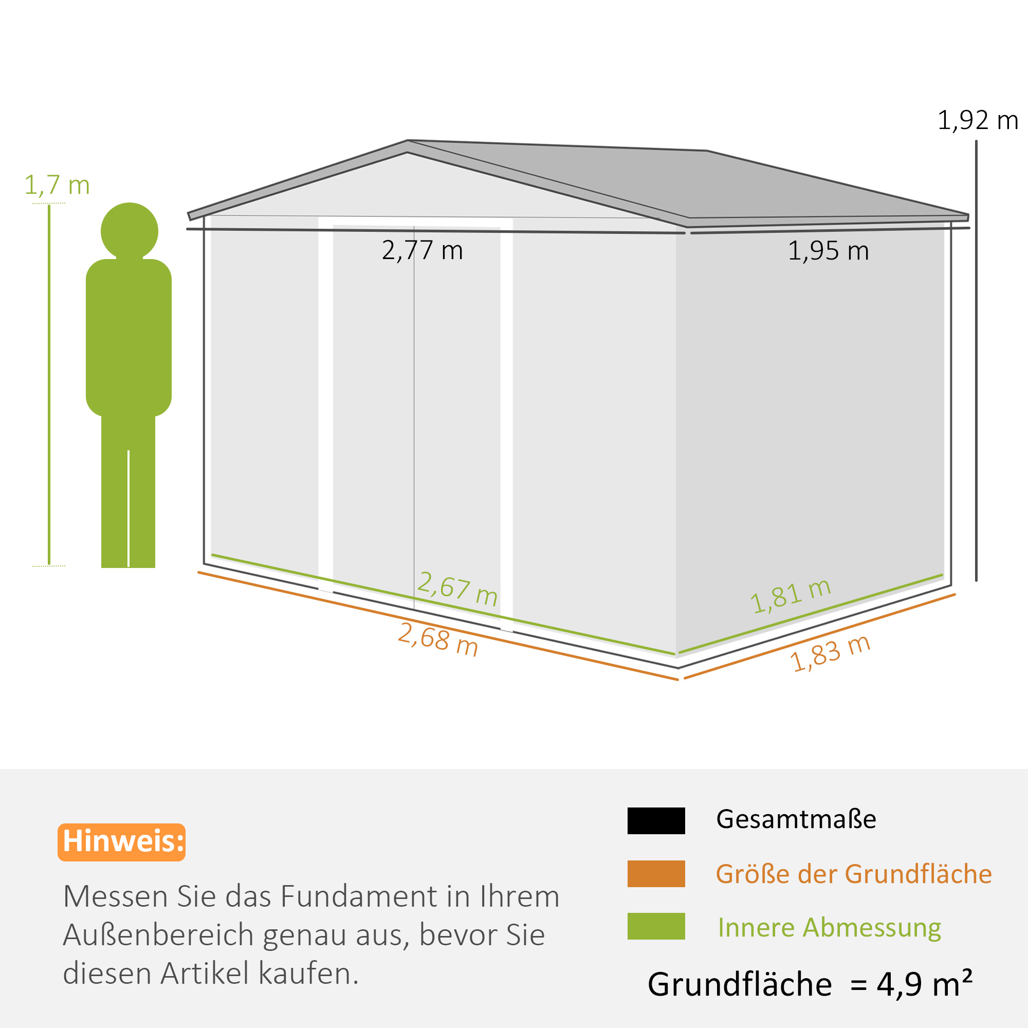 Geräteschuppen mit Schiebetüren 2,77 x 1,95 x 1,92cm Metall Hellgrün