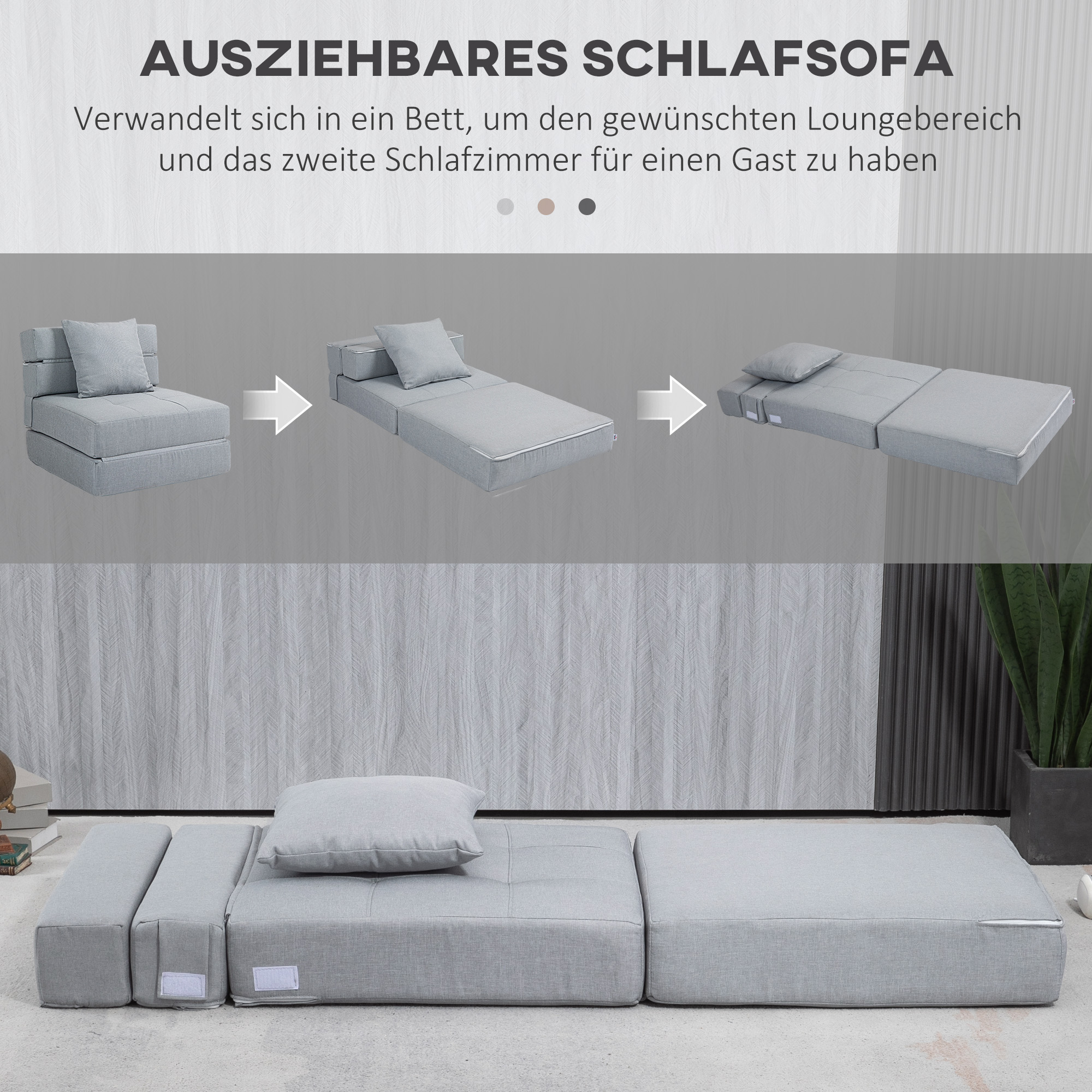 Relaxsessel Liegesessel Sessel mit Bettfunktion, inkl. 1 Kissen, 70 cm x 70 cm x 61 cm, Hellgrau