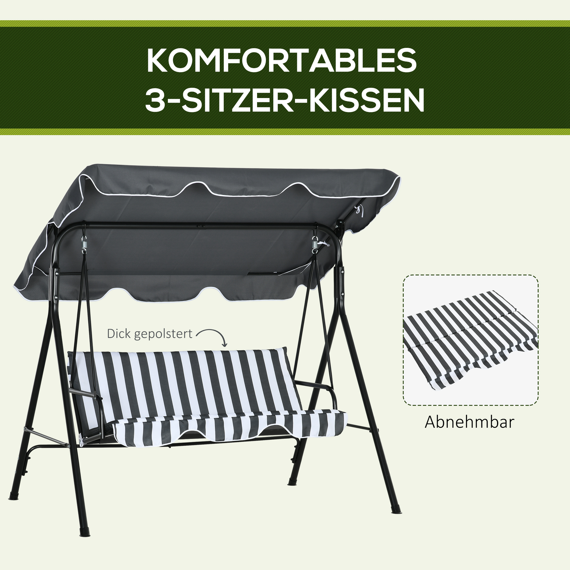 Hollywoodschaukel, Gartenschaukel, 3-Sitzer Schaukelbank mit Dach, Stahl, 172 x 110 x 153 cm, Grau+Weiß