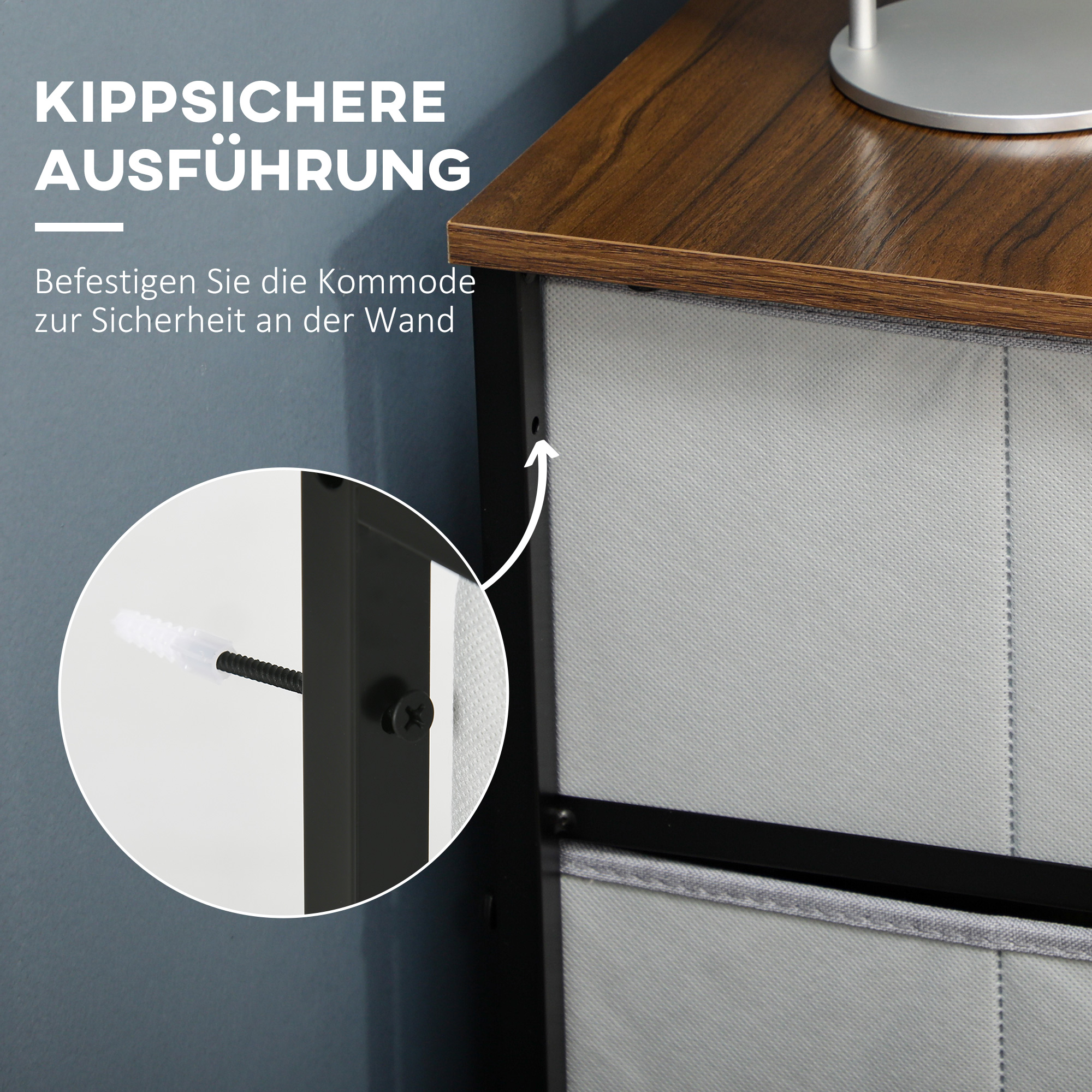 Kommode Sideboard, 6 Schubladen, Stoffschubladen, 80 cm x 30 cm x 62,5 cm, Braun + Schwarz + Grau