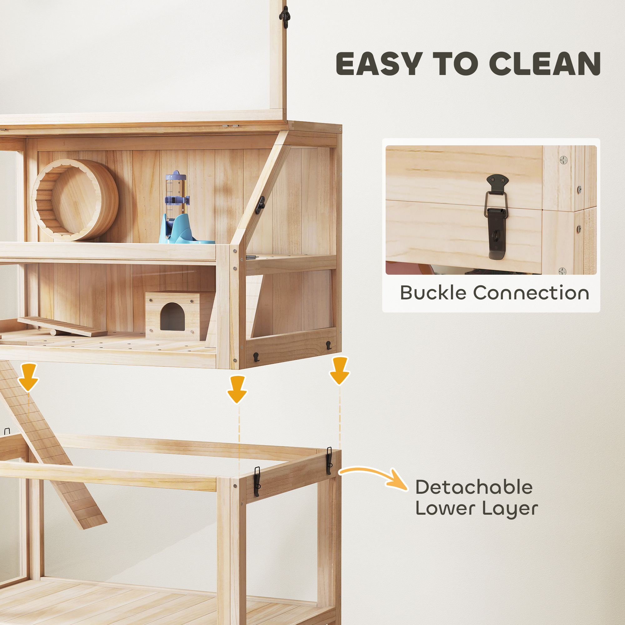 Hamsterkäfig aus Holz 3 Etagen Nagerkäfig mit abnehmbar Boden Ablage Laufrad Wippe Rampe Hütte 80x53x117cm Naturholz